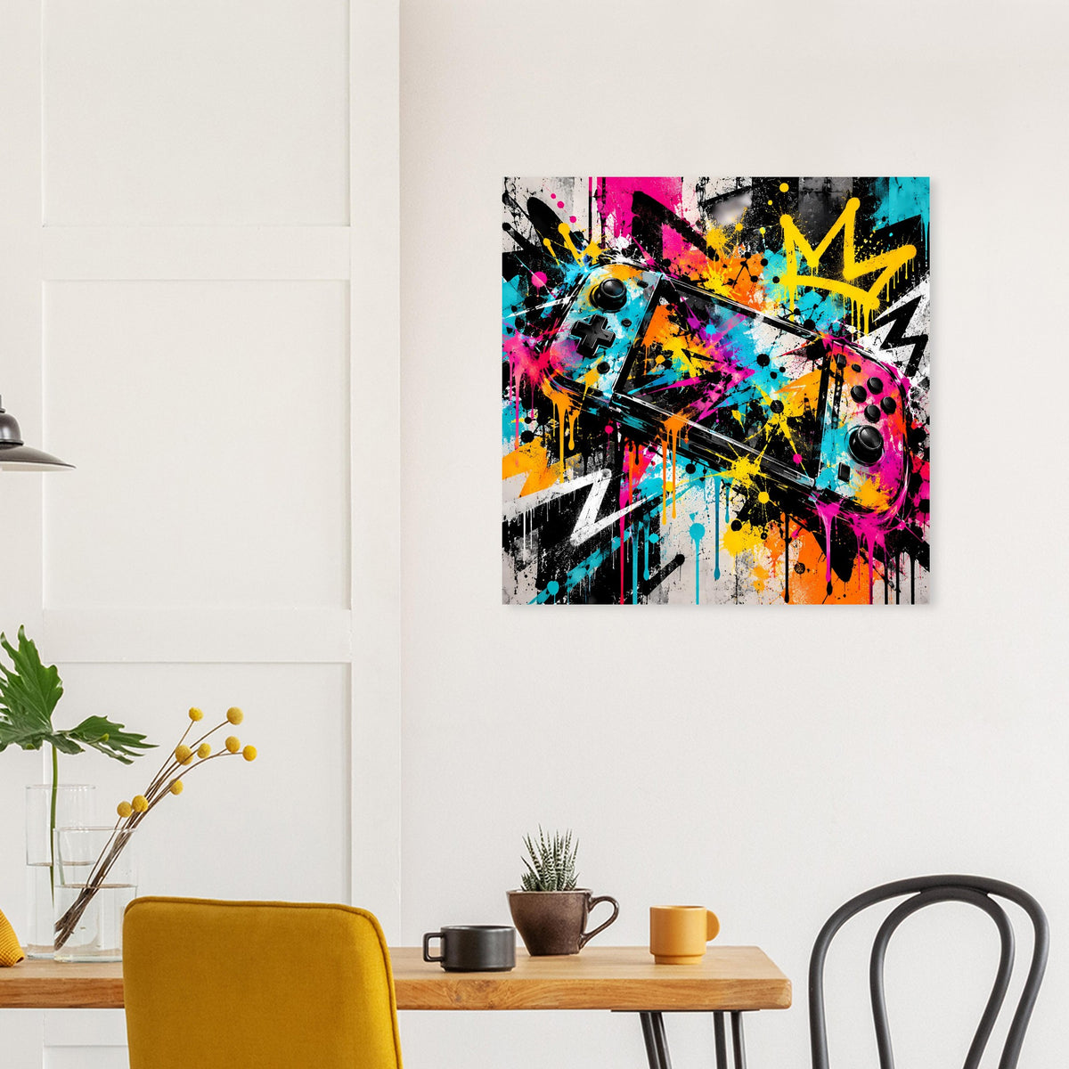 Graffiti-Gaming-Poster mit Sprühfarben, Controller-Motiv und Comiczacken oben.