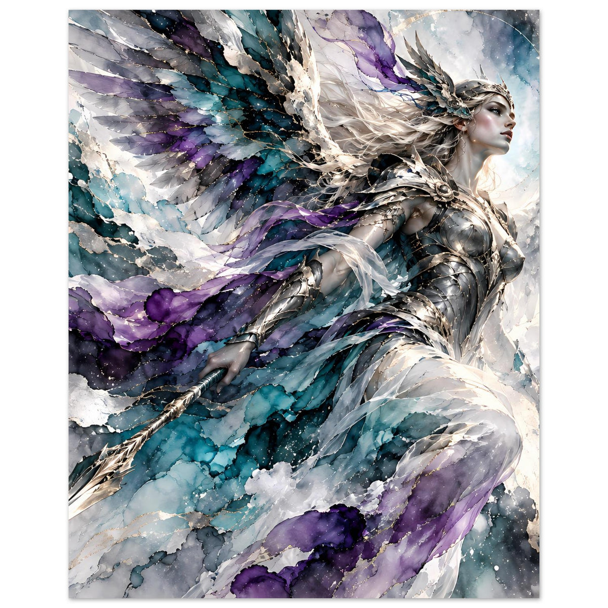 Fantasy-Kriegerengel-Poster: Engel mit Flügeln, silberner Panzerung und blau-violetten Farbschwingen.