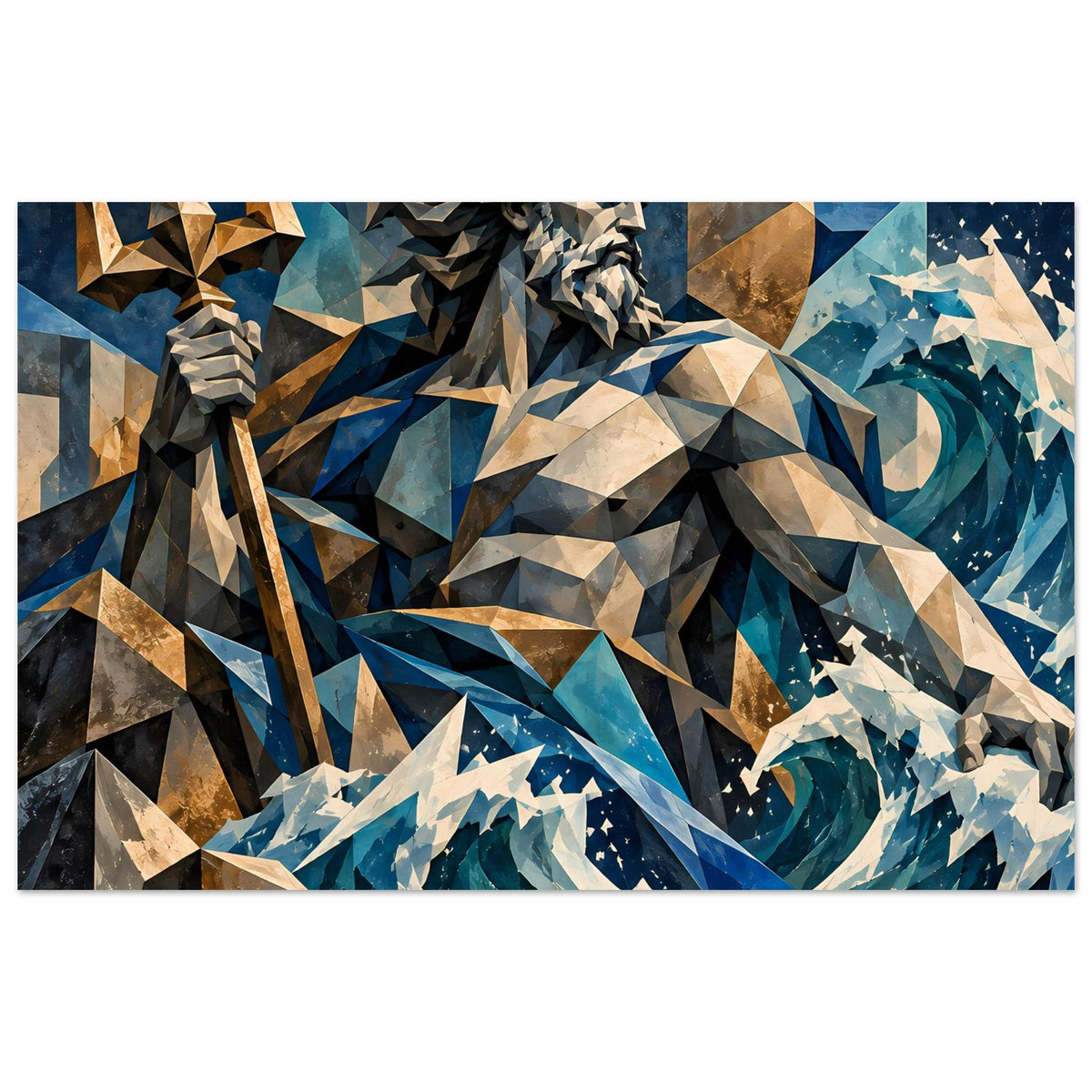 Mythologie-Poster mit polygonalem Poseidon in Ozeanblau, Gold-Akzenten und Wellenwirbel