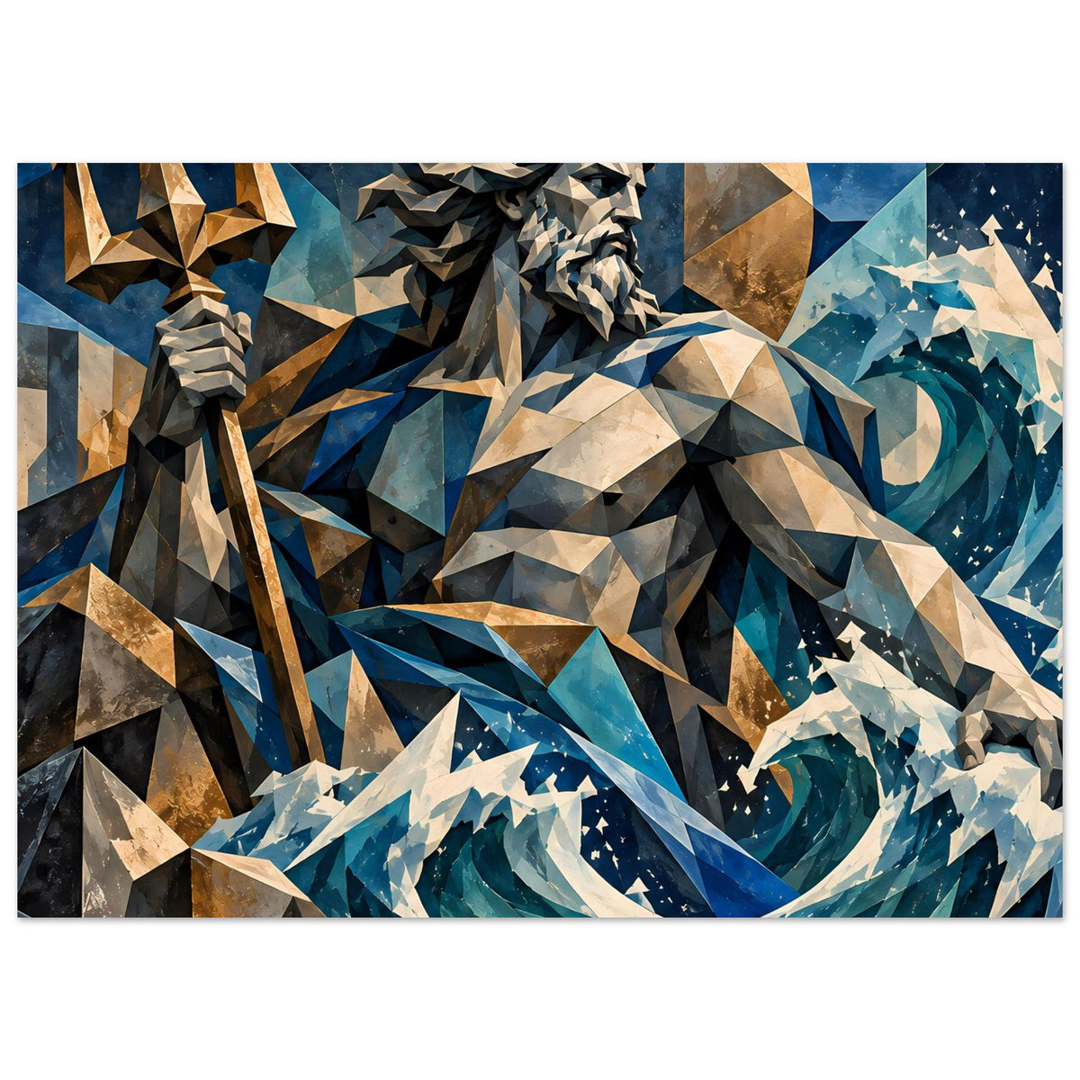 Geometrisches Poseidon-Poster: kräftige Wellenformen, Blautöne, Goldlinien und goldene Dreizackspitzen.