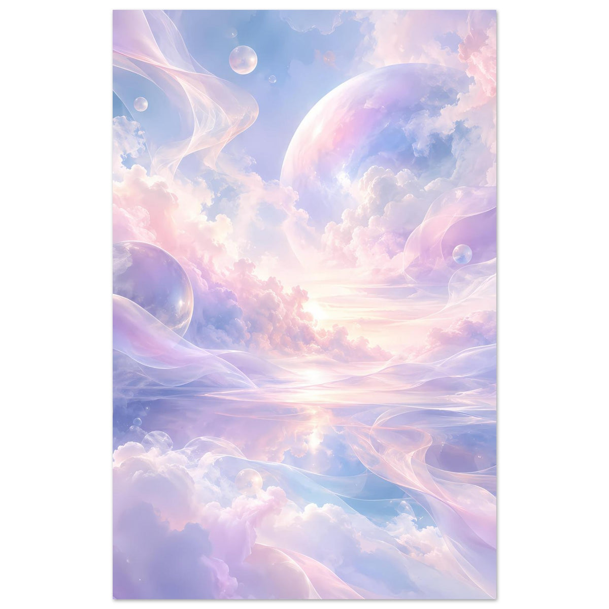 Hochformat-Poster mit pastellfarbenen Wolken, großer Blase oben und warmem Leuchten