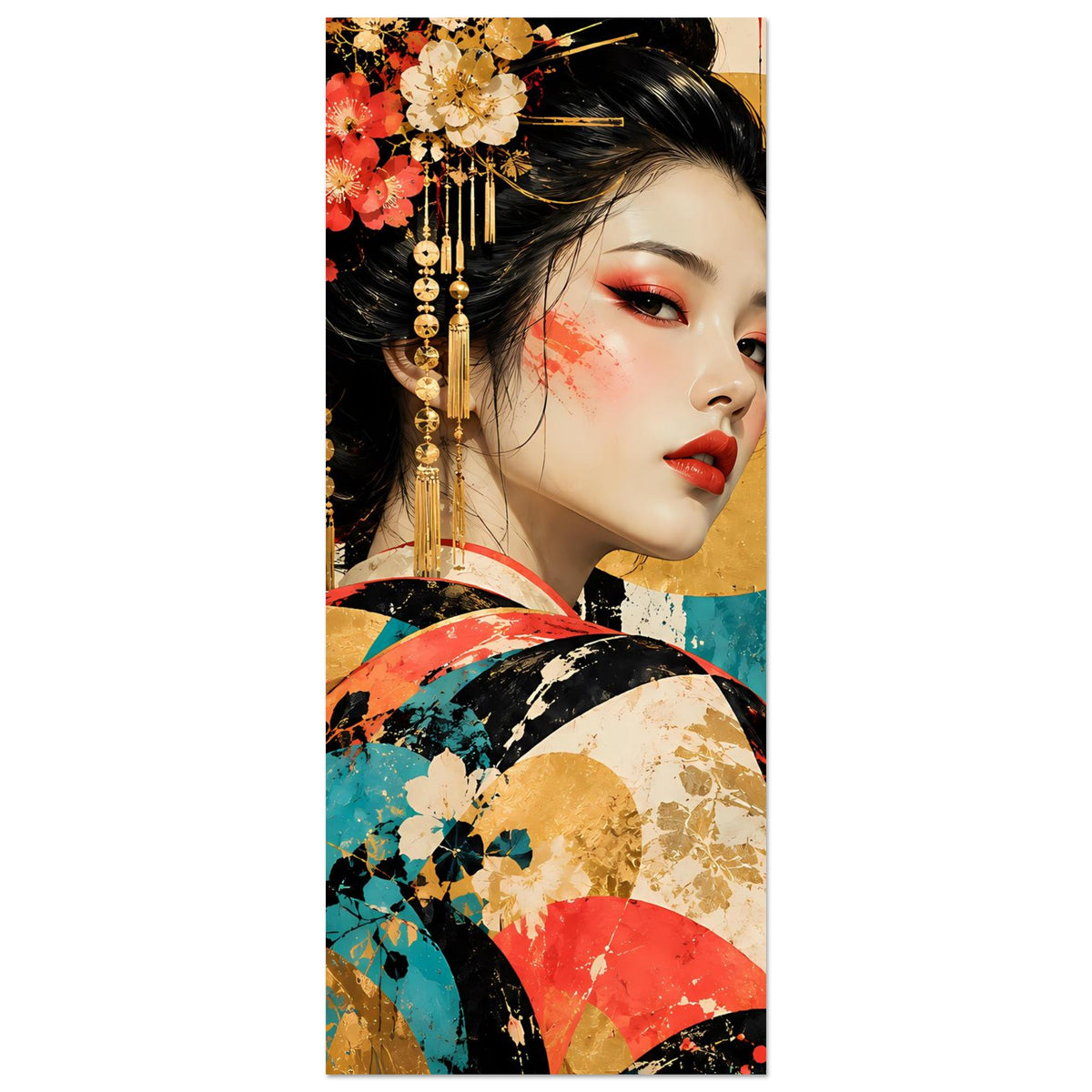 Vertikaler Kunstdruck: Geisha-Porträt, rote Lippen, goldener Haarschmuck und Regen-Schirm