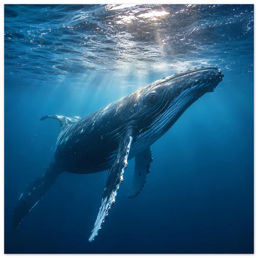 Unterwasser-Poster im Hochformat mit blauem Wal, klare Lichtstrahlen