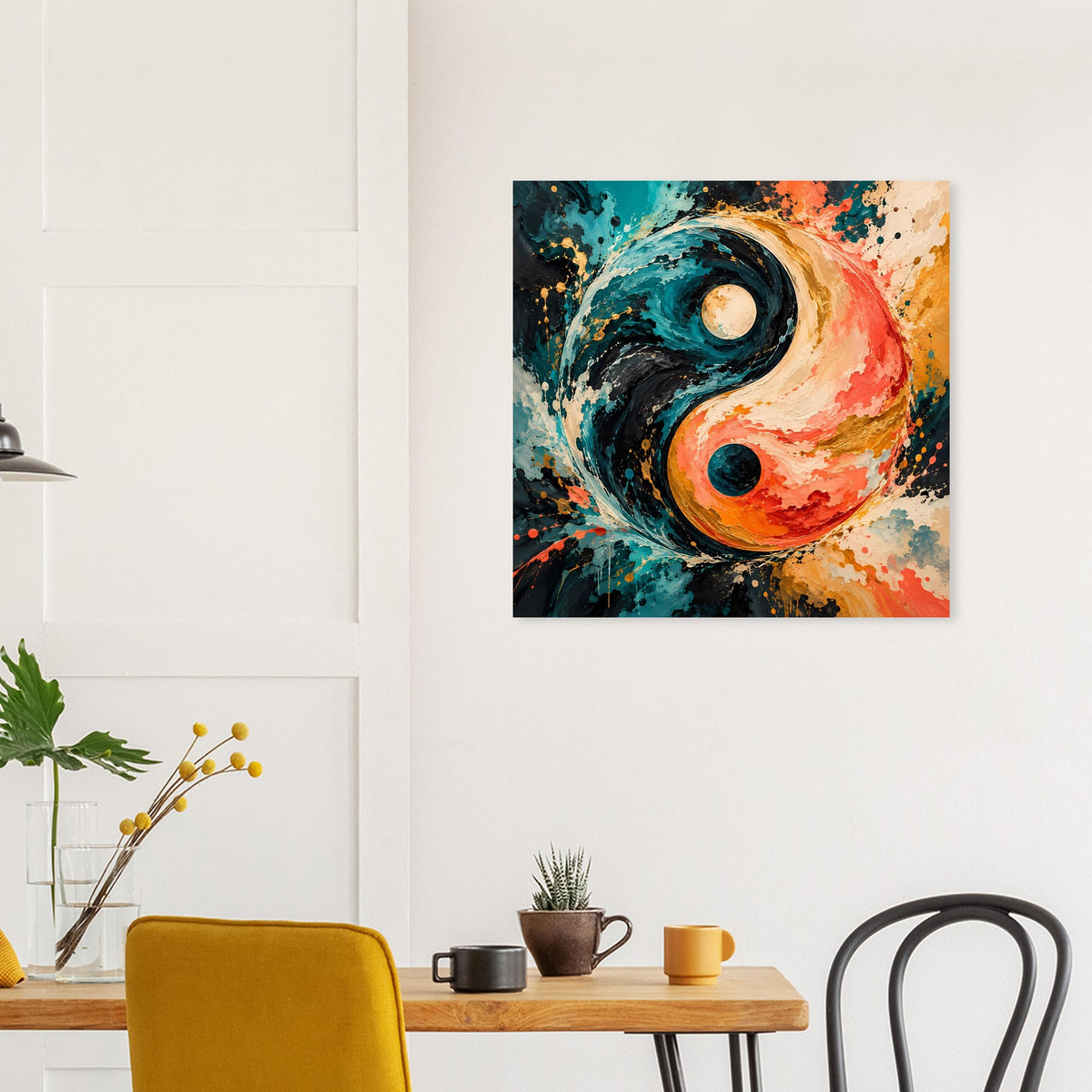 Quadratisches Poster im Yin‑Yang‑Stil: türkis, schwarz, orange Farbsprenkel