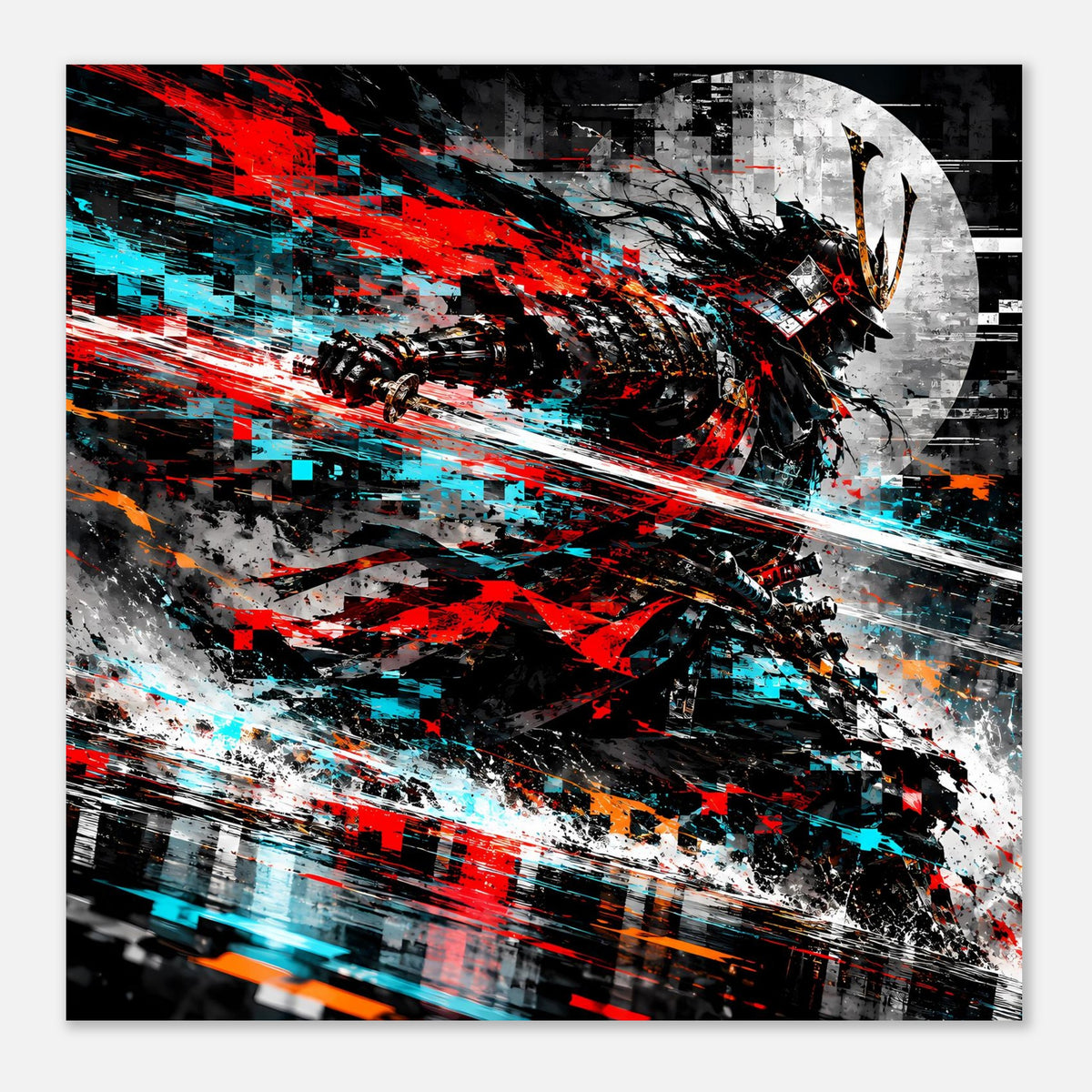 Wandposter mit Samurai-Actionmotiv, Rot- und Cyanverlauf, schwarze und graue Urban-Optik.