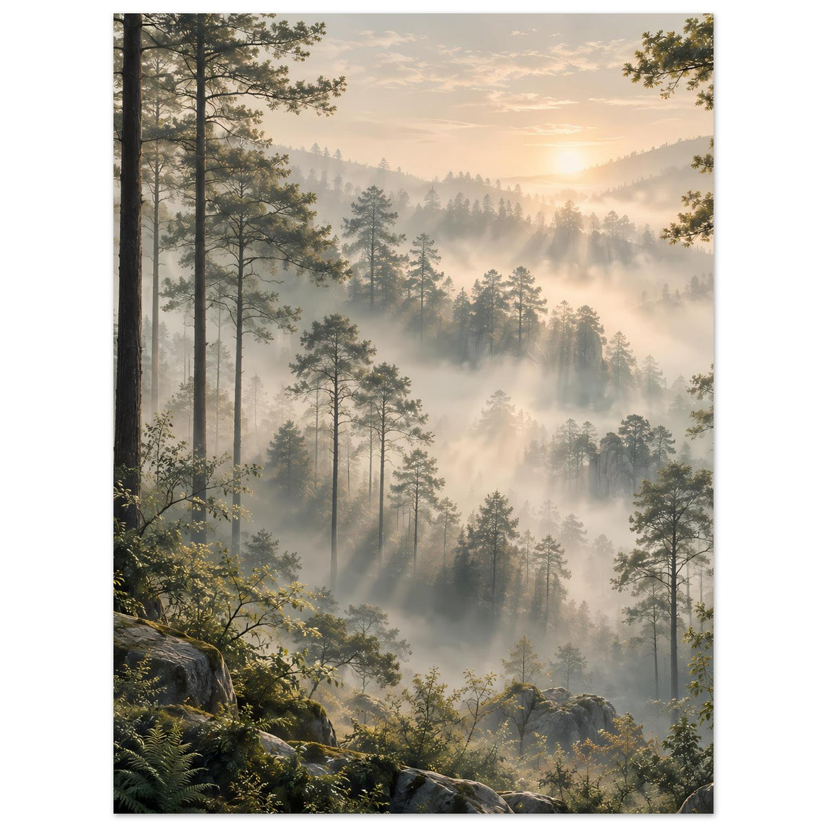 Waldlandschafts-Poster: dichte Baumreihe im Nebel, Sonnenlicht am Horizont