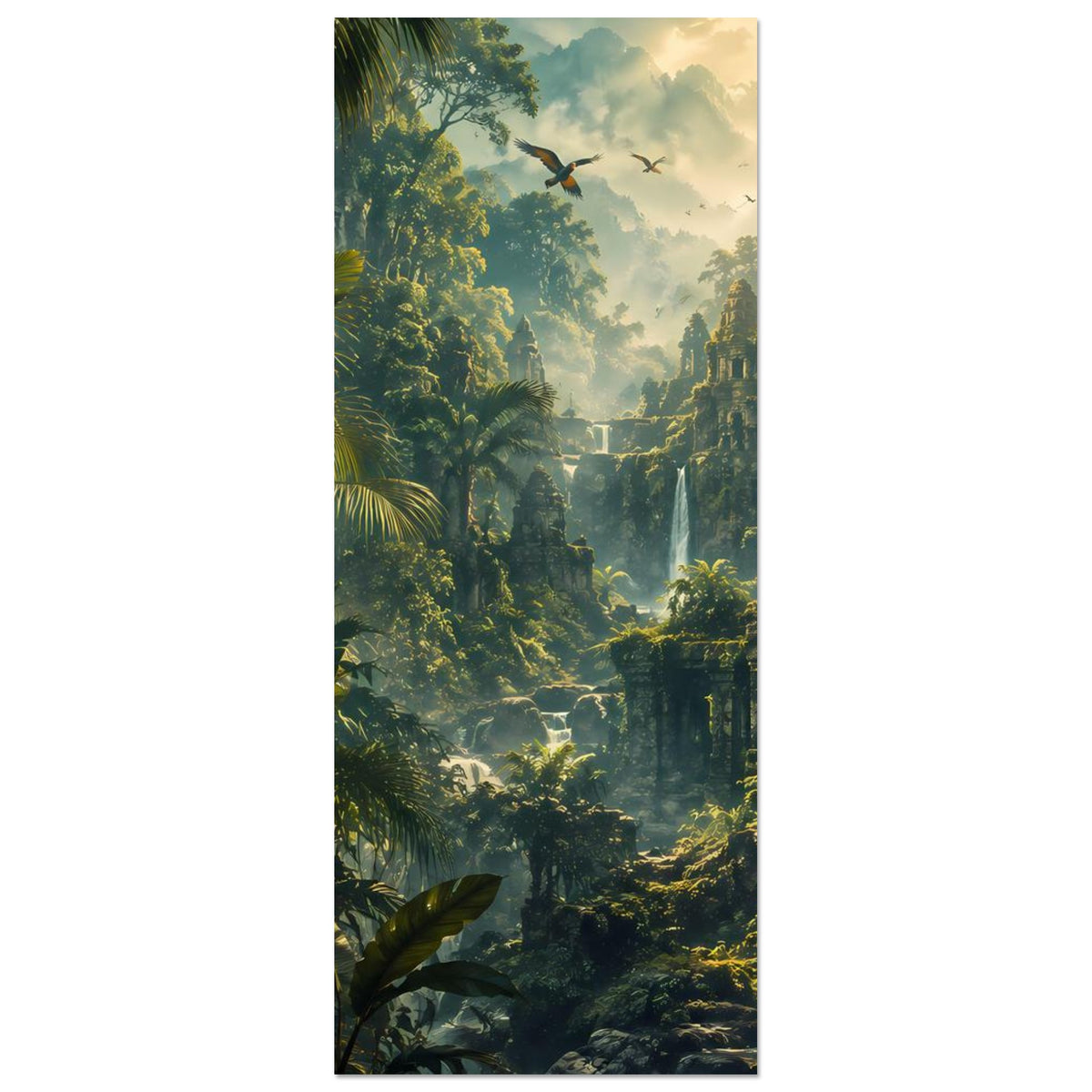 Vertikales Poster mit Dschungelruinen, Wasserfall und Grünpflanzen, schwarzer Panther links