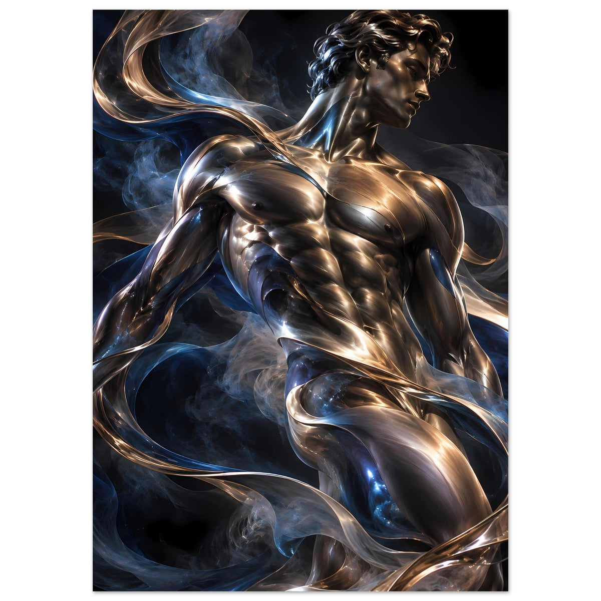 Kunstposter mit männlicher Metallfigur, gold-silberner Glanz und blauen Rauchwirbeln