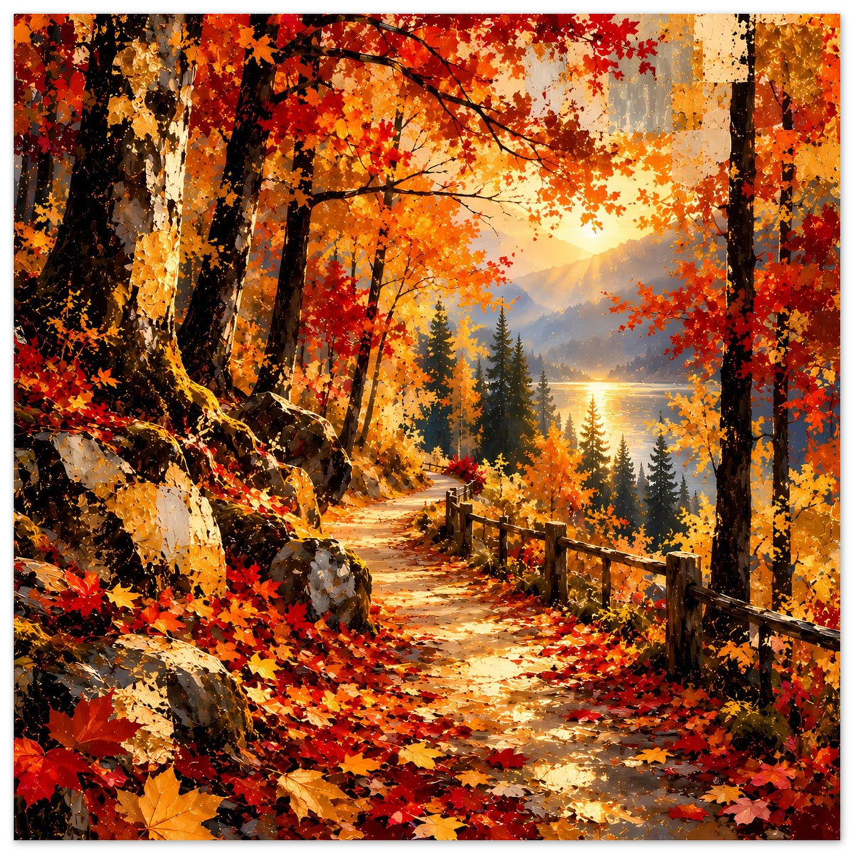 Herbstliches Wanderweg-Poster mit goldenem Licht, Laubteppich auf dem Weg und Geländer
