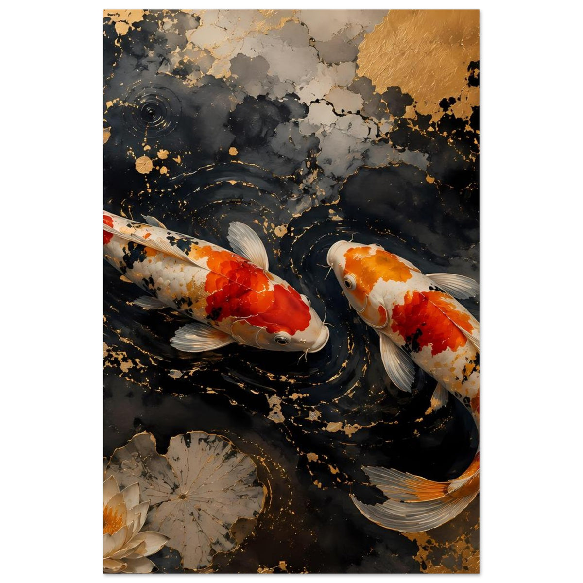 Poster mit zwei Koi-Fischen, schwarzes Wasser, goldene Wirbel, Seerose unten links