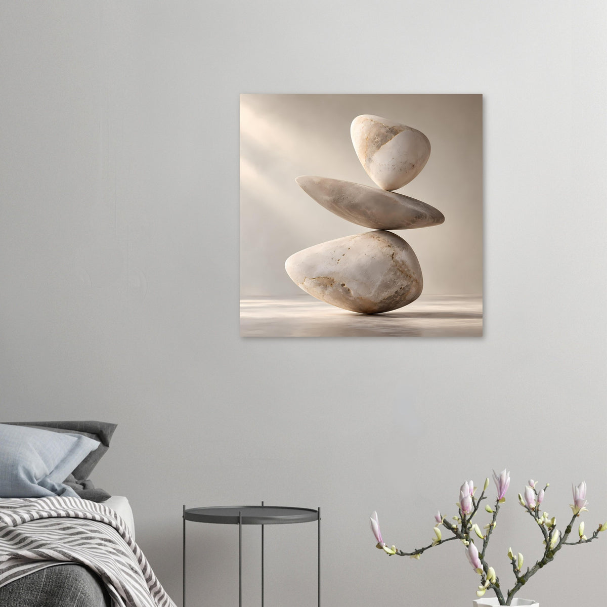 Gerahmter Kunstdruck mit Stein-Balance: drei Steine, hell-beige und graue Farbtöne