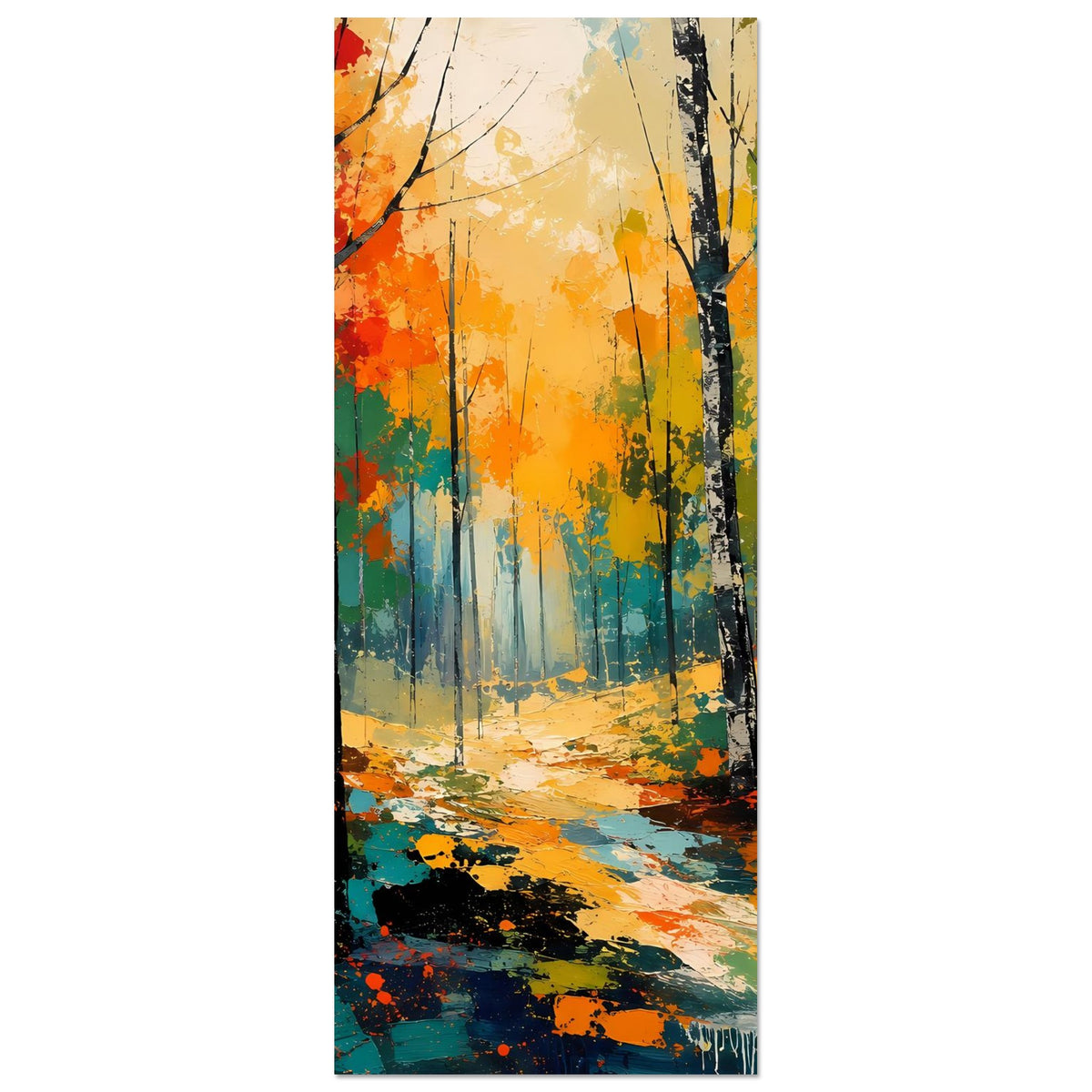 Herbstwald-Poster im Hochformat: farbige Baumstämme und Licht durch den nebligen Wald