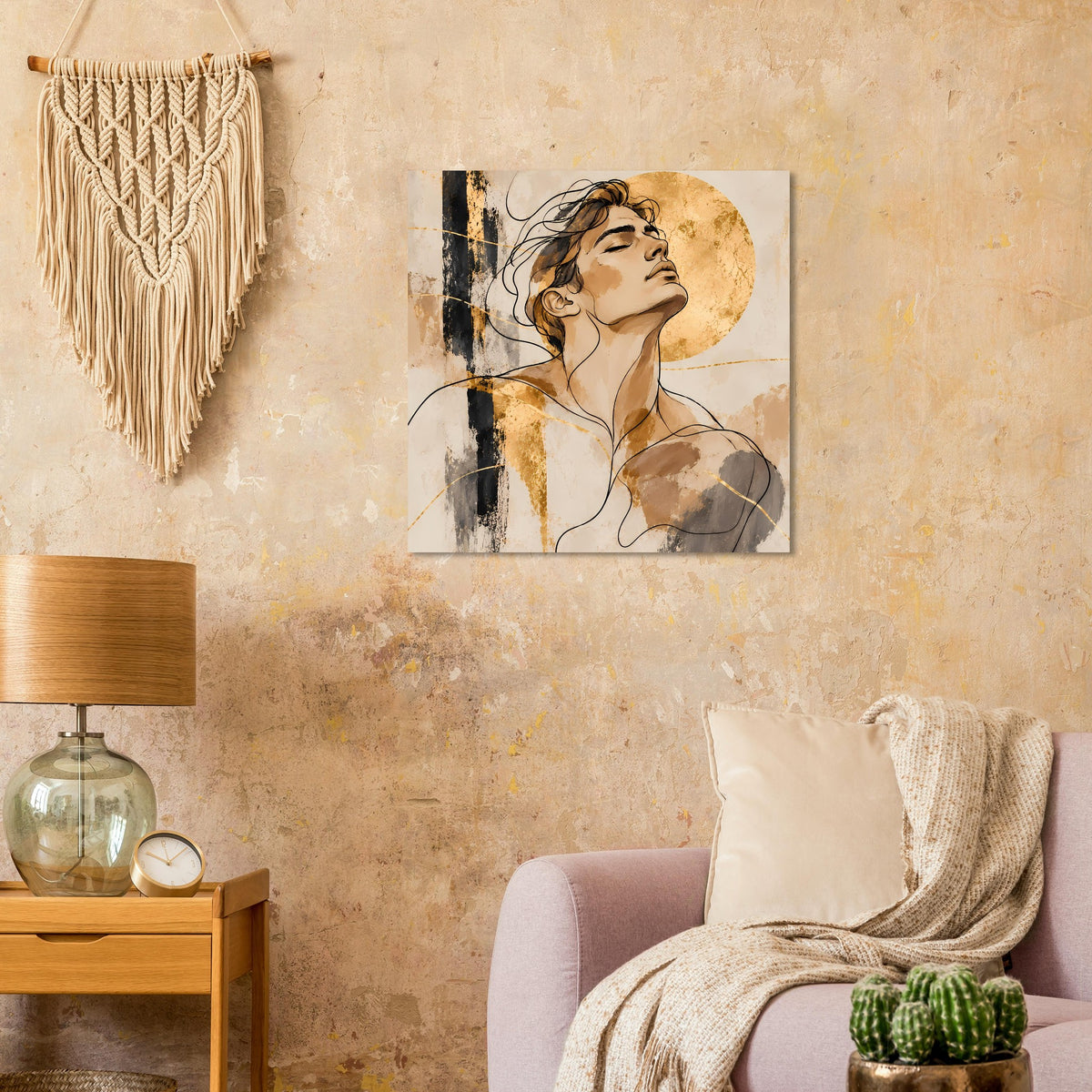 Portraitposter mit weiblicher Linie, Beige- und Grautöne, schwarze Pinselstriche