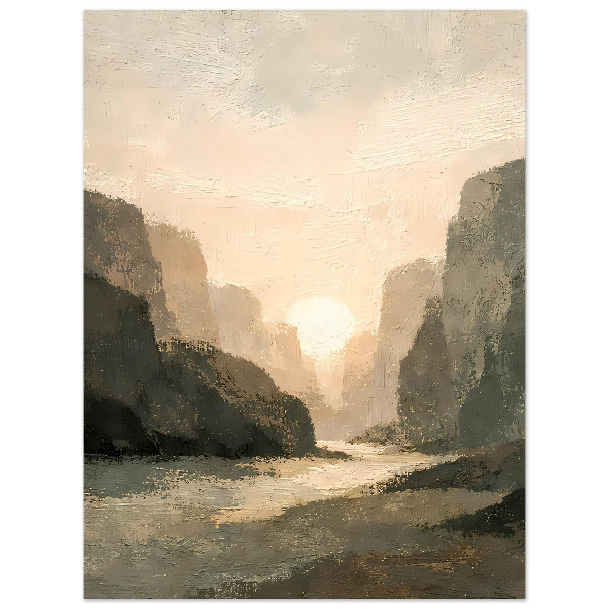 Vertikales Poster: Sonnenuntergang in der Schlucht, felsige Seiten und heller Weg