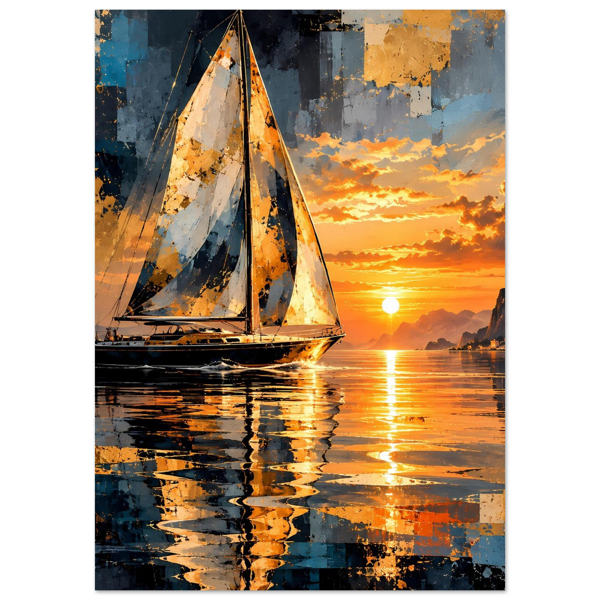 Hochkant-Poster mit Segelboot am Sonnenuntergang, orange Himmelpartien und Wasserreflexion.