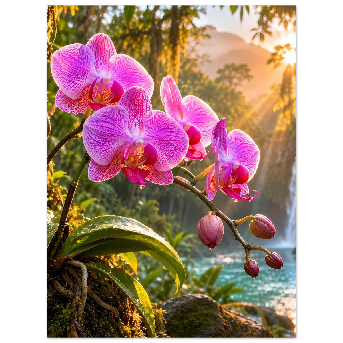 Naturposter: Pinke Orchideenblüten und Knospen an einem Ast vor Landschaft