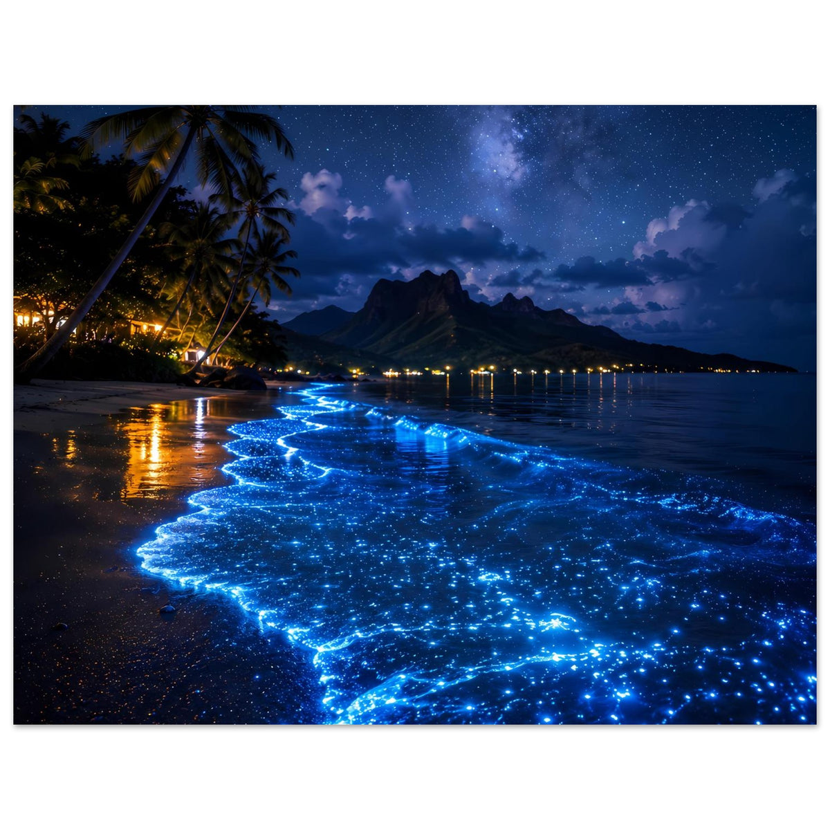 Poster Hochkant: blaue Biolumineszenz am Strand mit Palmen im Vordergrund