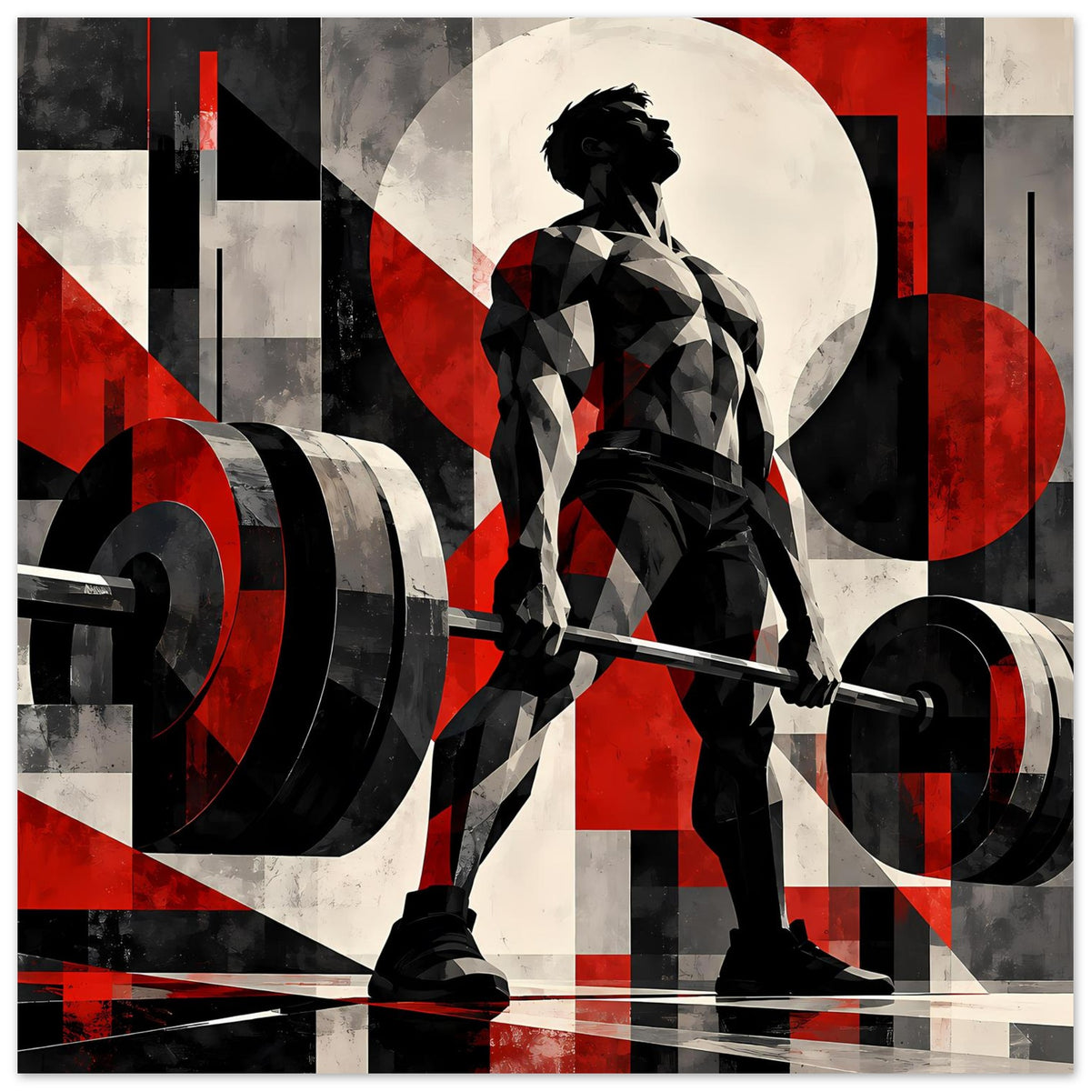 Fitnessposter mit Kraftsportler-Silhouette und Hantelstange, abstraktes Rot-Schwarz-Muster