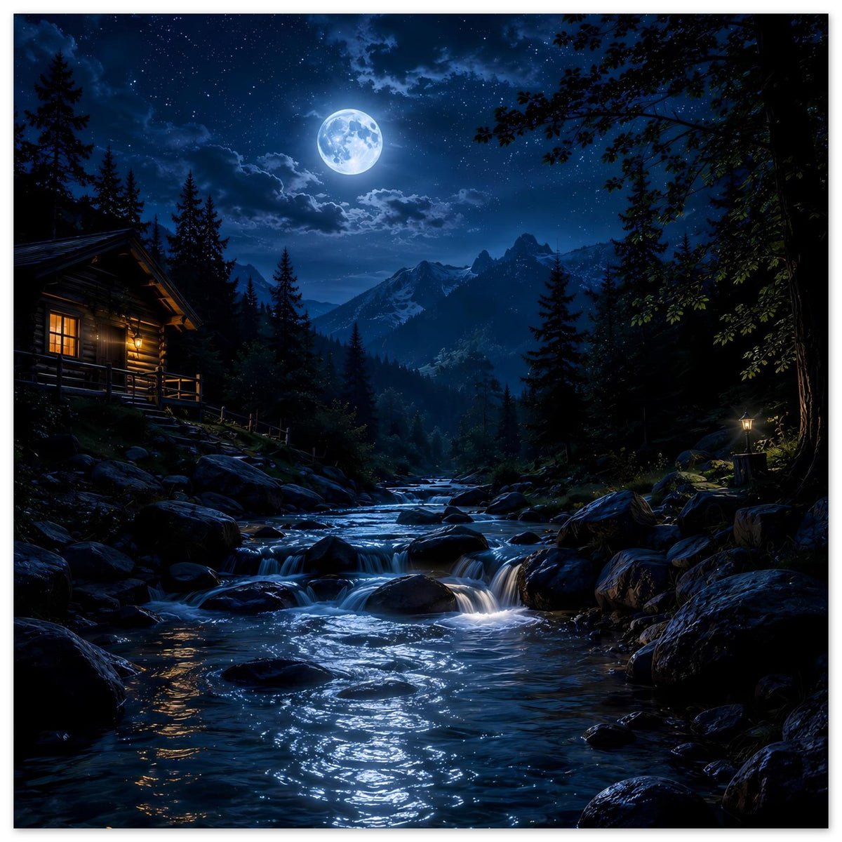 Poster mit Mondschein-Landschaft: Fluss, Felsen, Tannenwald und beleuchtete Hütte