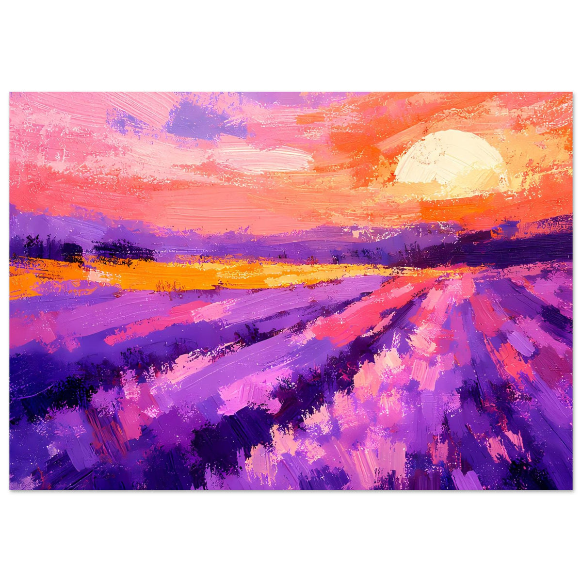 Horizontales Poster mit abstrakten Lavendelreihen, orange-violetter Himmel und pastellfarbene Sonne