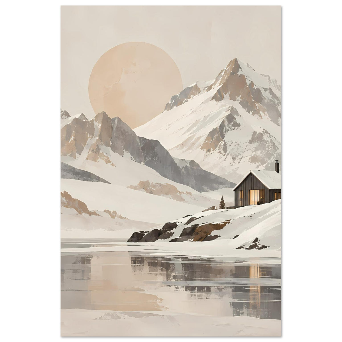 Vertikales Poster mit Bergpanorama und Chalet, Schnee und reflektierte Fläche, neutral