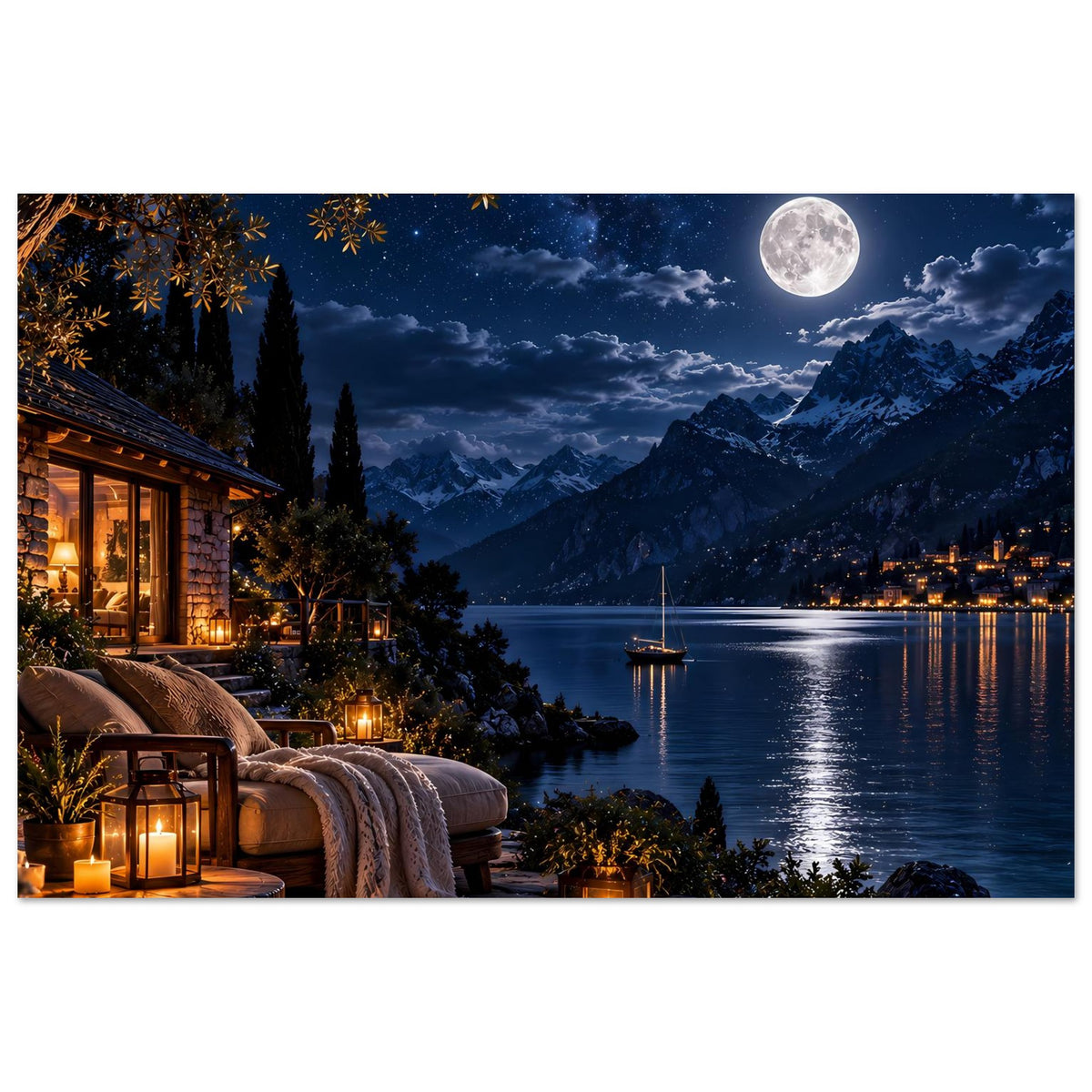 Poster mit Vollmond über See, Berge im Hintergrund, warm beleuchtete Terrasse am Ufer