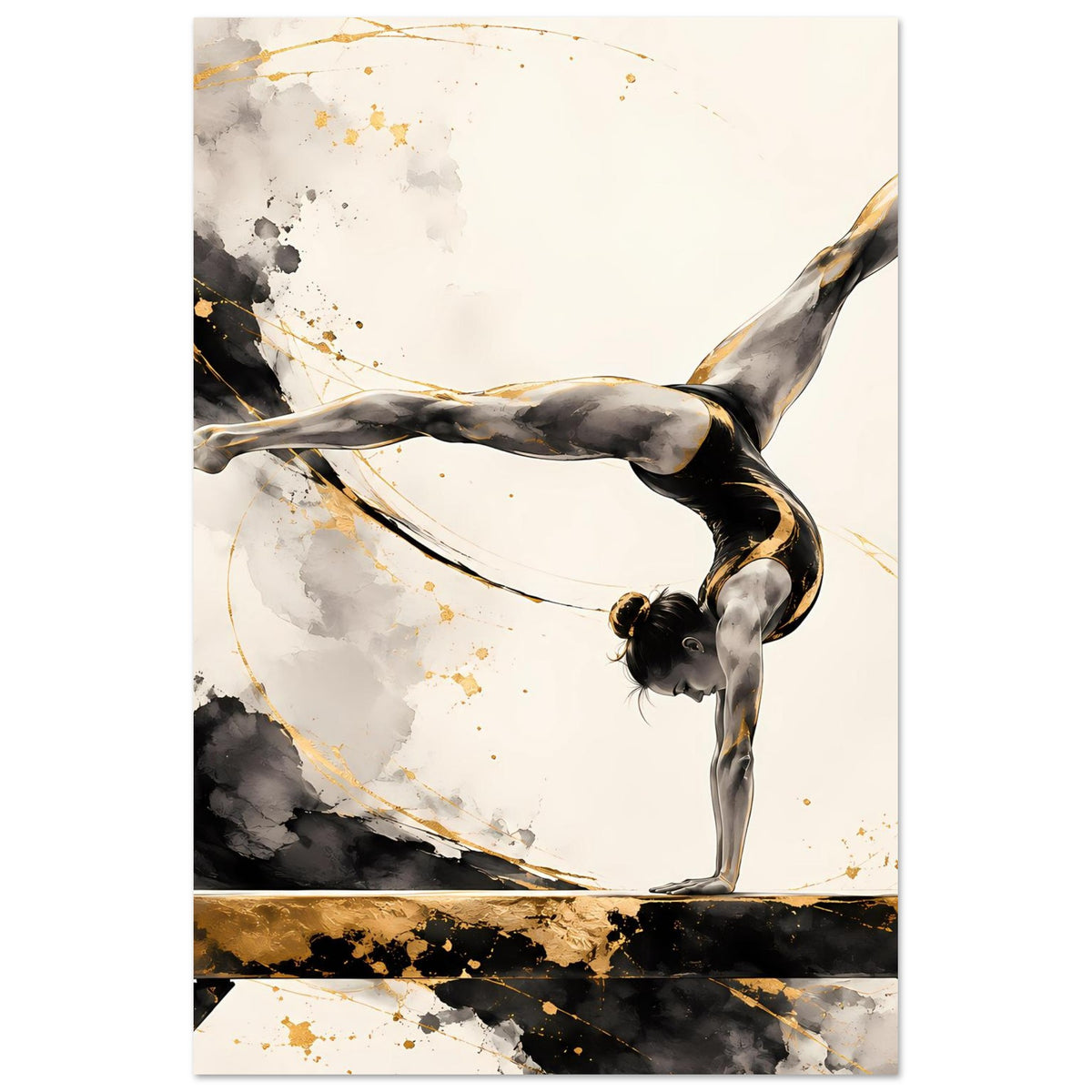 Gymnastikposter mit Handstand-Turnerin, schwarz und gold, abstrakte Spritzer und Linien