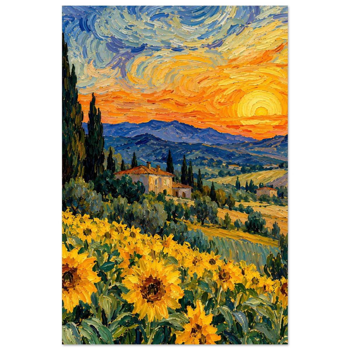 Vertikales Poster mit Sonnenuntergang über Hügeln, orangegelbem Himmel und Sonnenblumen im Vordergrund