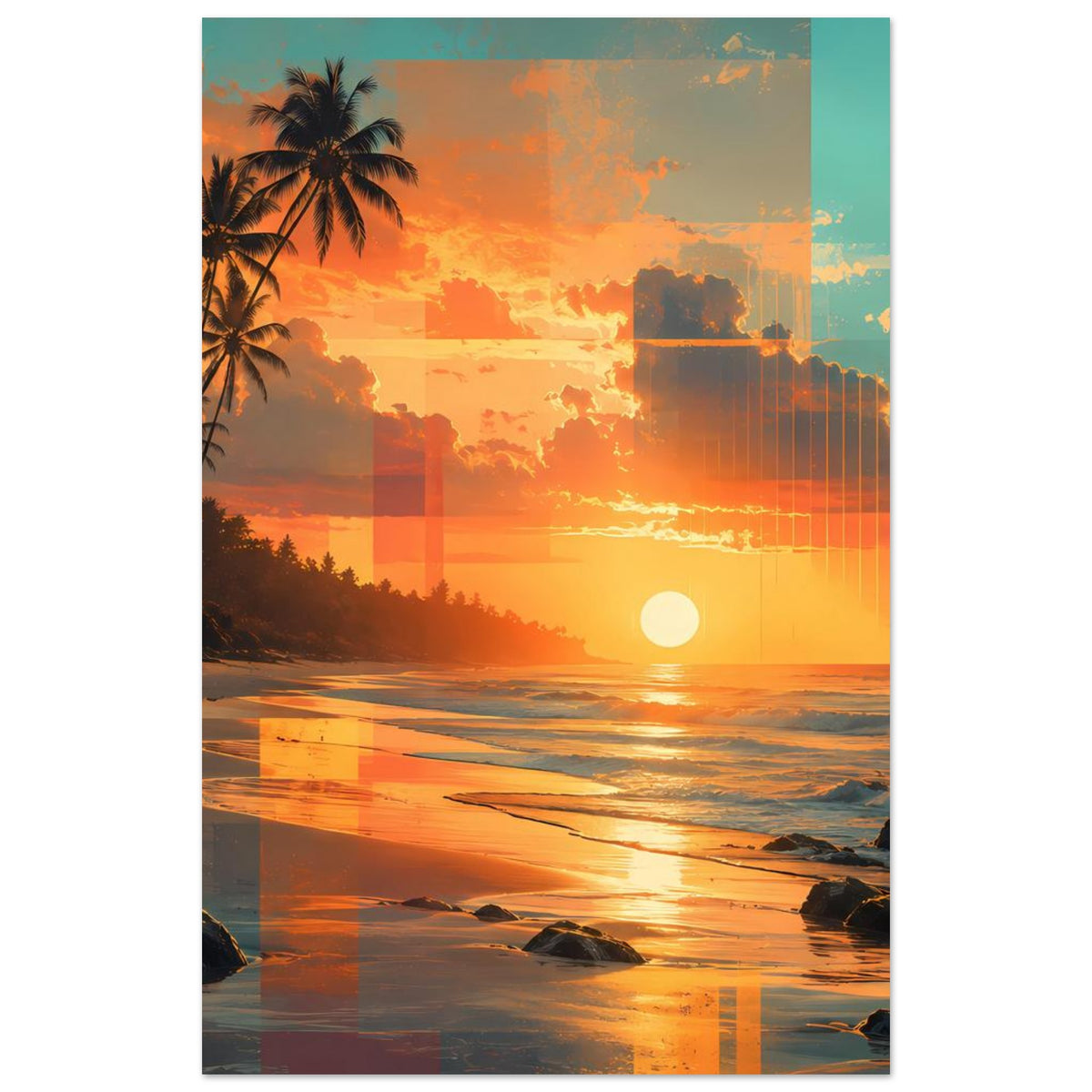 Vertikales Strandposter mit Palmen, orangegelbem Sonnenuntergang und Wellen