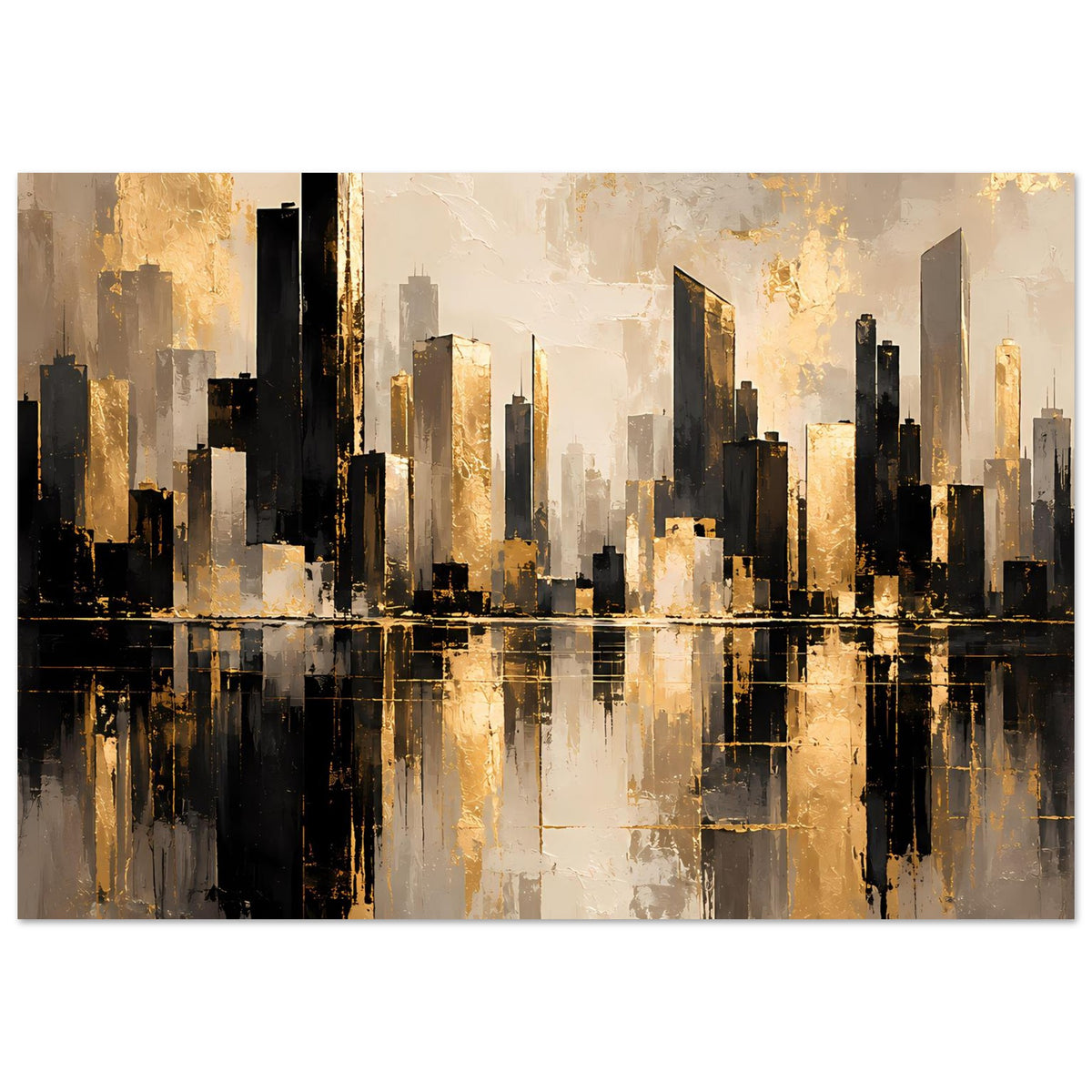 Horizontales Cityscape-Poster: goldene und graue Hochhäuser mit Spiegelbild und dunklem Horizont