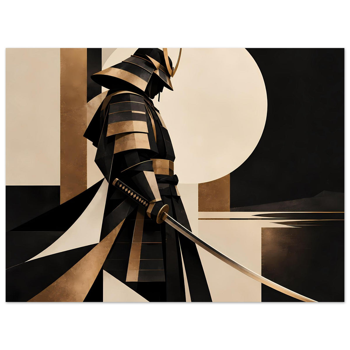 Samurai-Silhouetten-Kunstdruck mit goldfarbenen Akzenten und großem Kreis im Hintergrund