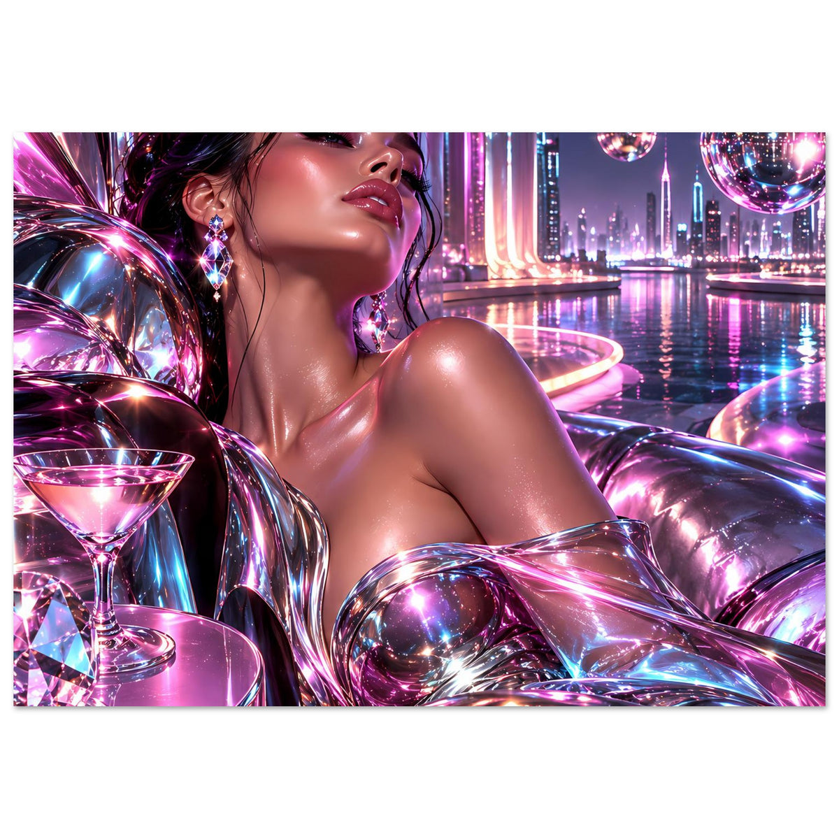 Neon-Glitzerposter mit Frau im violett-rosa Glamour-Stil, schimmernde Kugeln und Stadt
