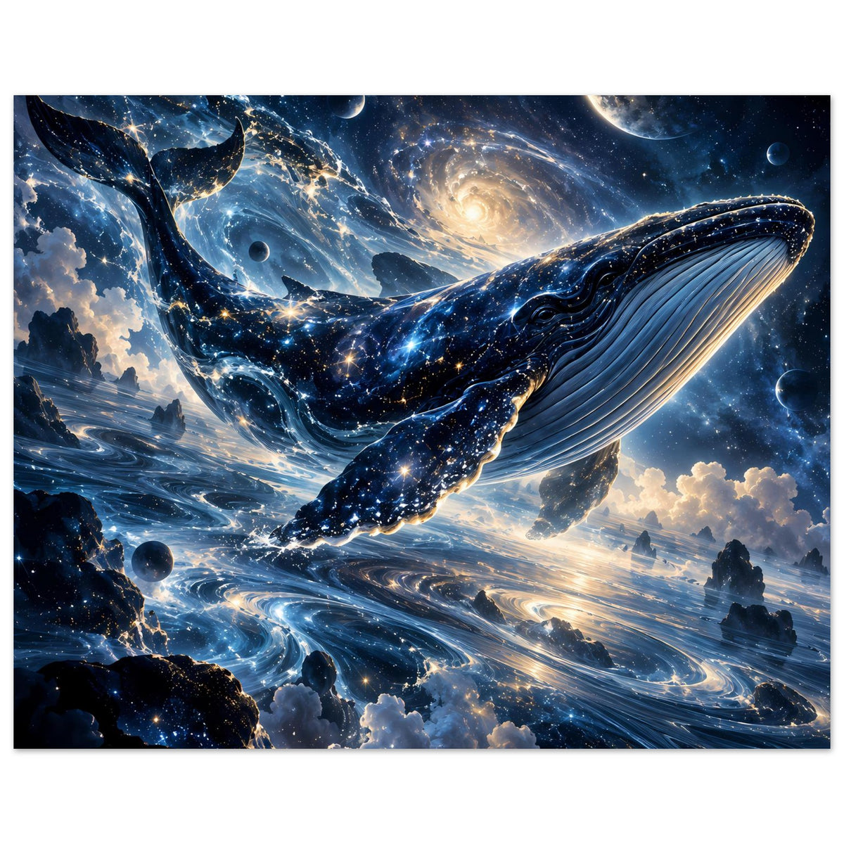 Kosmisches Fantasy-Poster: Wal mit Sternenstaub und Spiralnebel, umgeben von Planeten