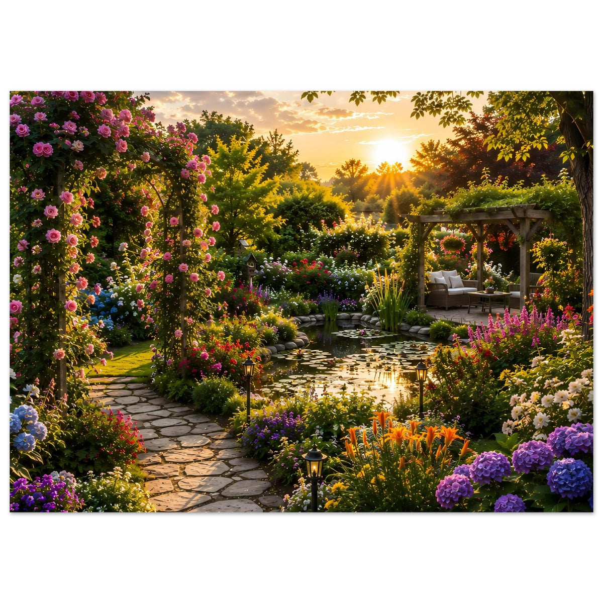 Querformatiges Blumenposter mit Gartenweg, bunten Blumenrändern und Sonnenuntergang im Garten