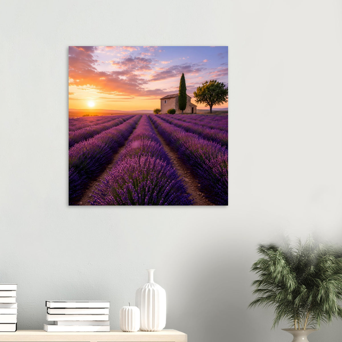 Quadratisches Poster mit Lavendelfeldern, Haus, Zypresse und Sonnenuntergang