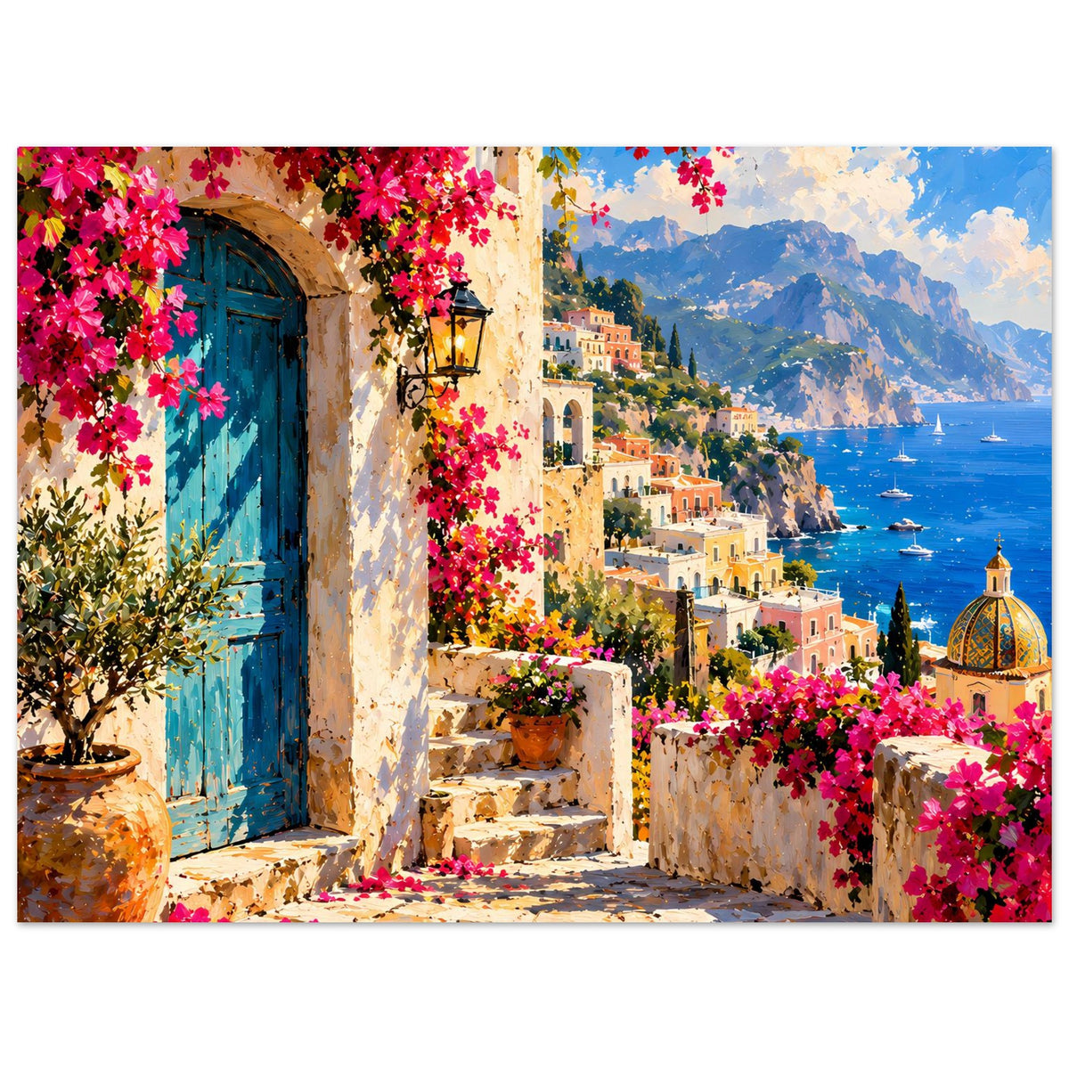 Poster mit blauer Tür, Bougainvillea, Treppe, türkisblauem Meer und markanter Kuppel