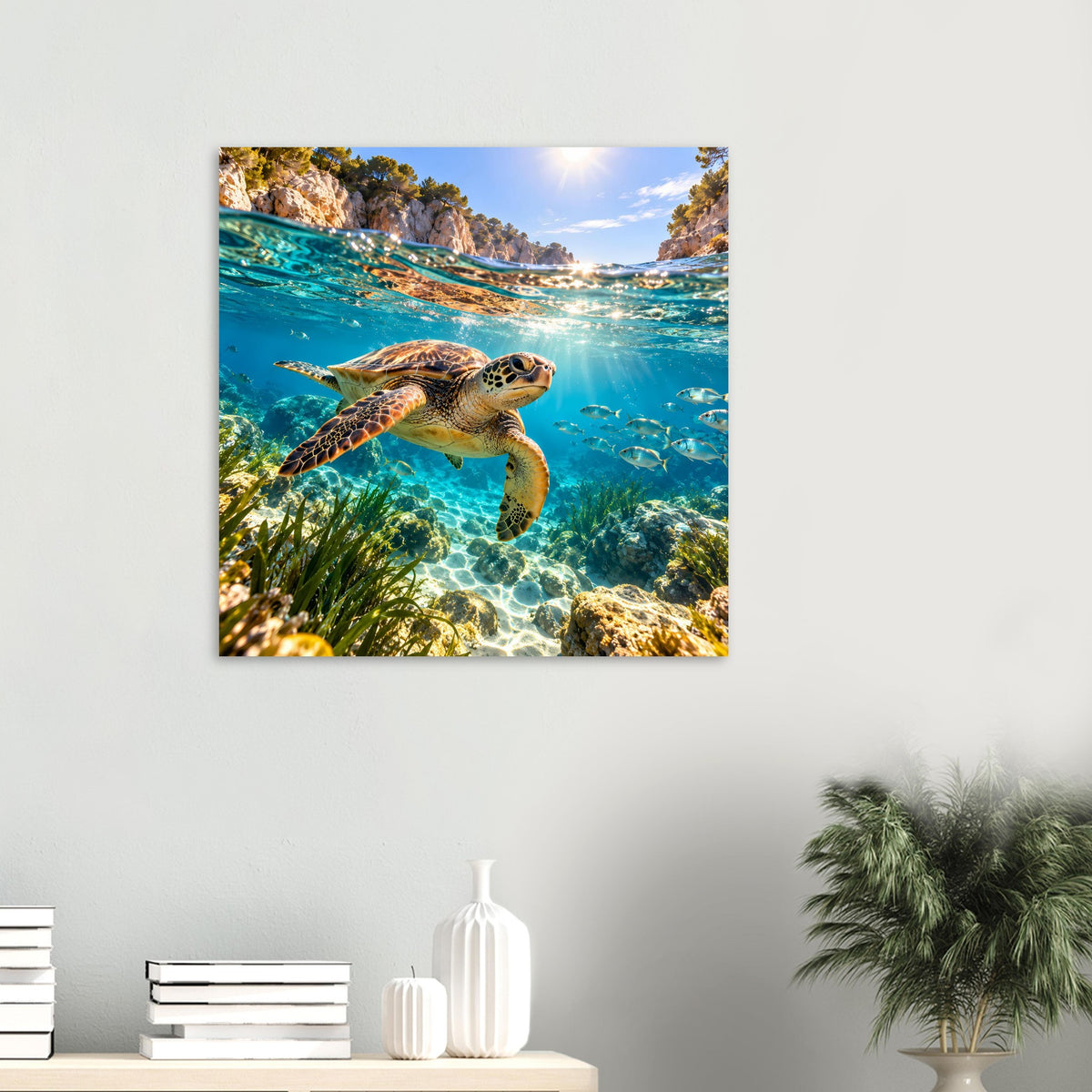 Weit sichtbares Poster: Meeresschildkröte unter Wasser mit Fischen und Felsriff