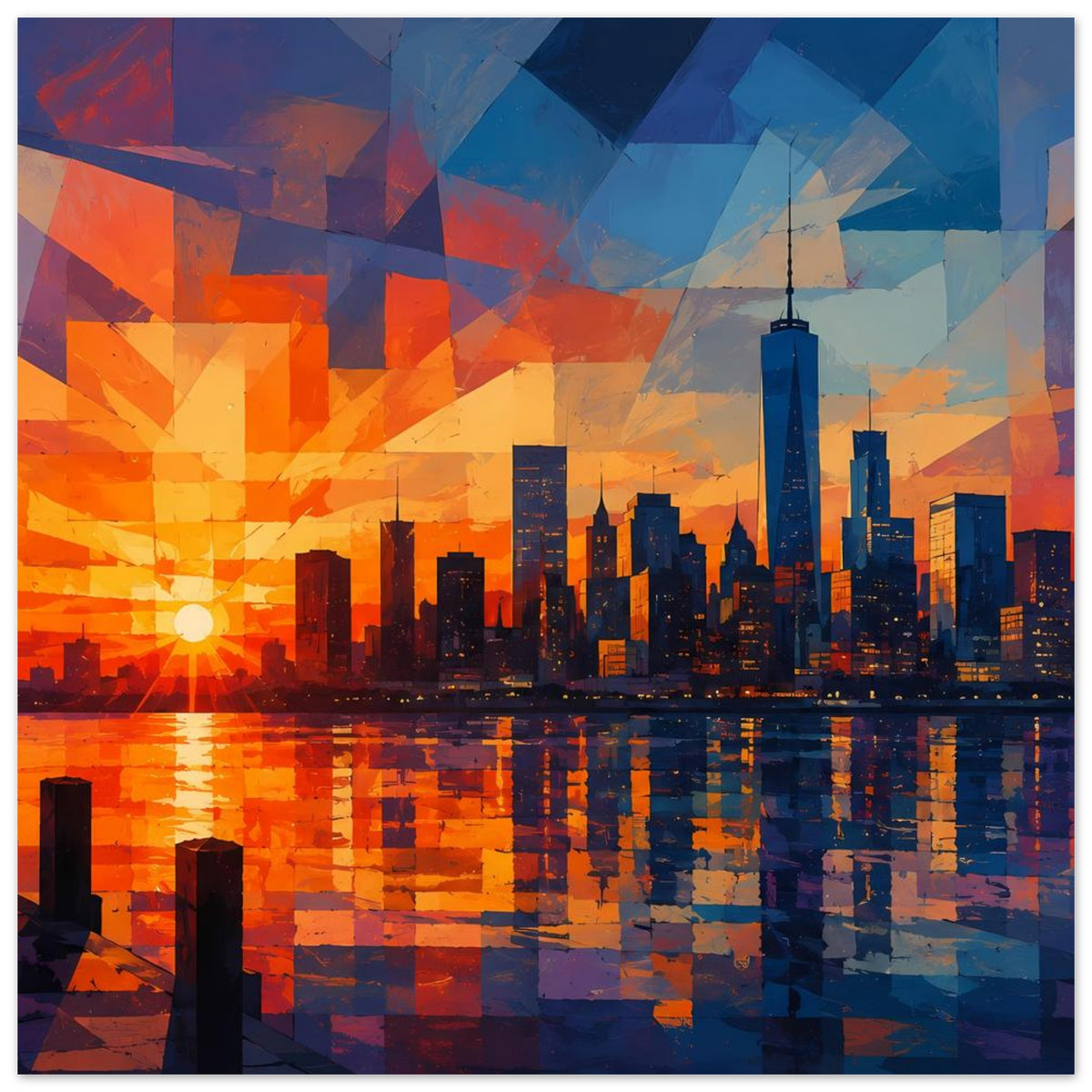 Stadt-Sunset-Poster mit abstrakter Flächenoptik, Skyline und spiegelndem Fluss
