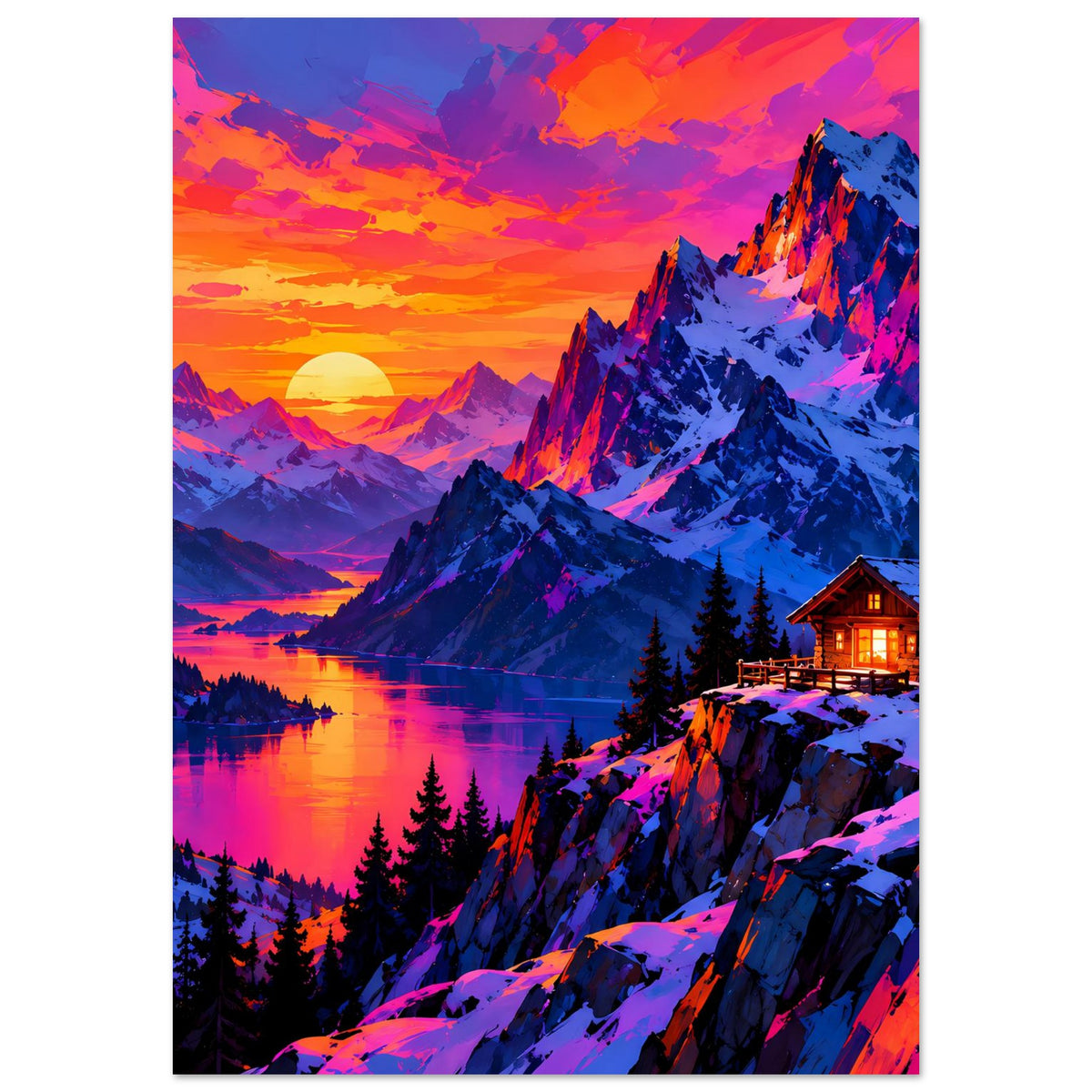Hochformat Poster mit Bergpanorama, Abendhimmel über dem See und beleuchtetem Chalet