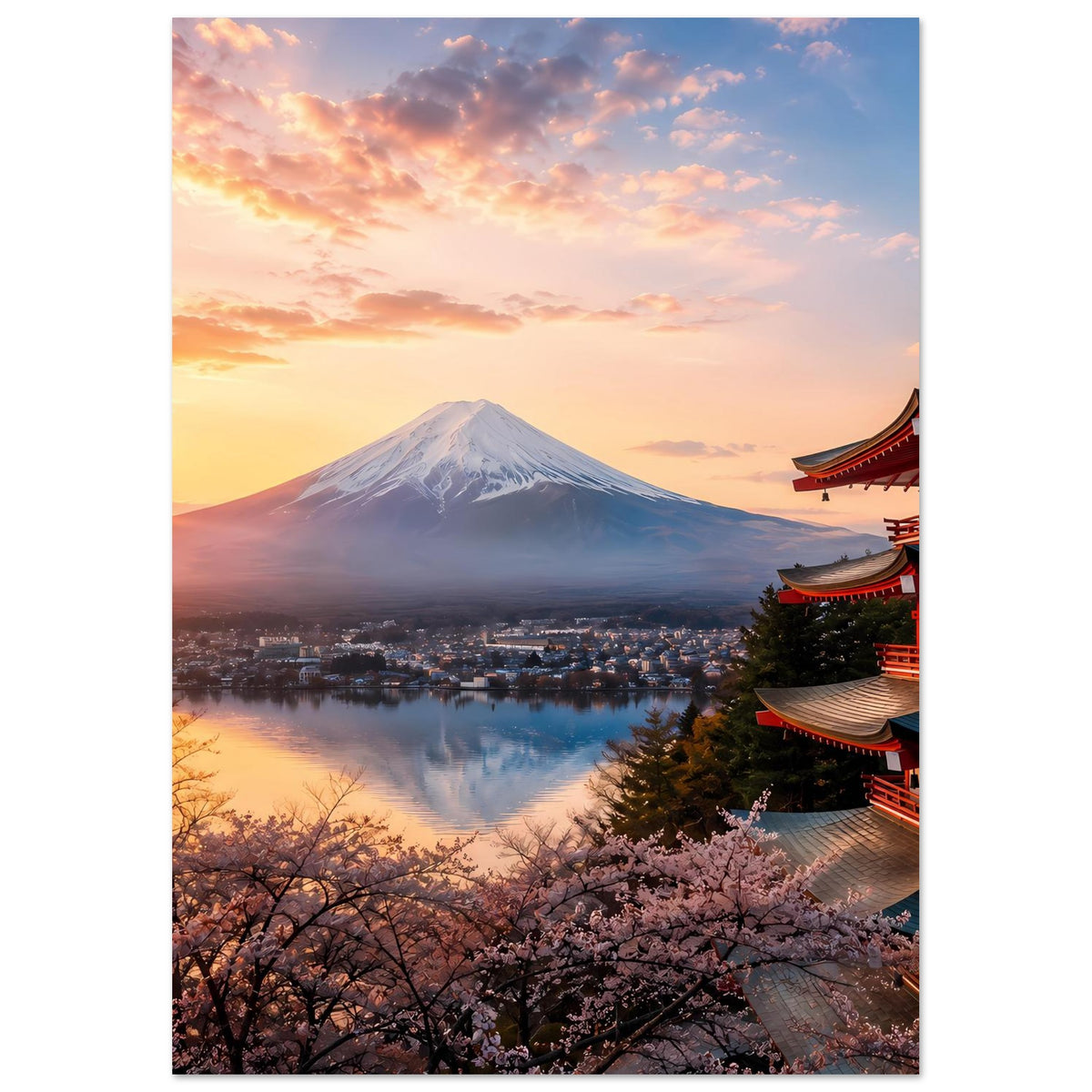 Japanisches Landschaftsposter mit Fuji und Kirschblüten im Vordergrund, Tempel rechts