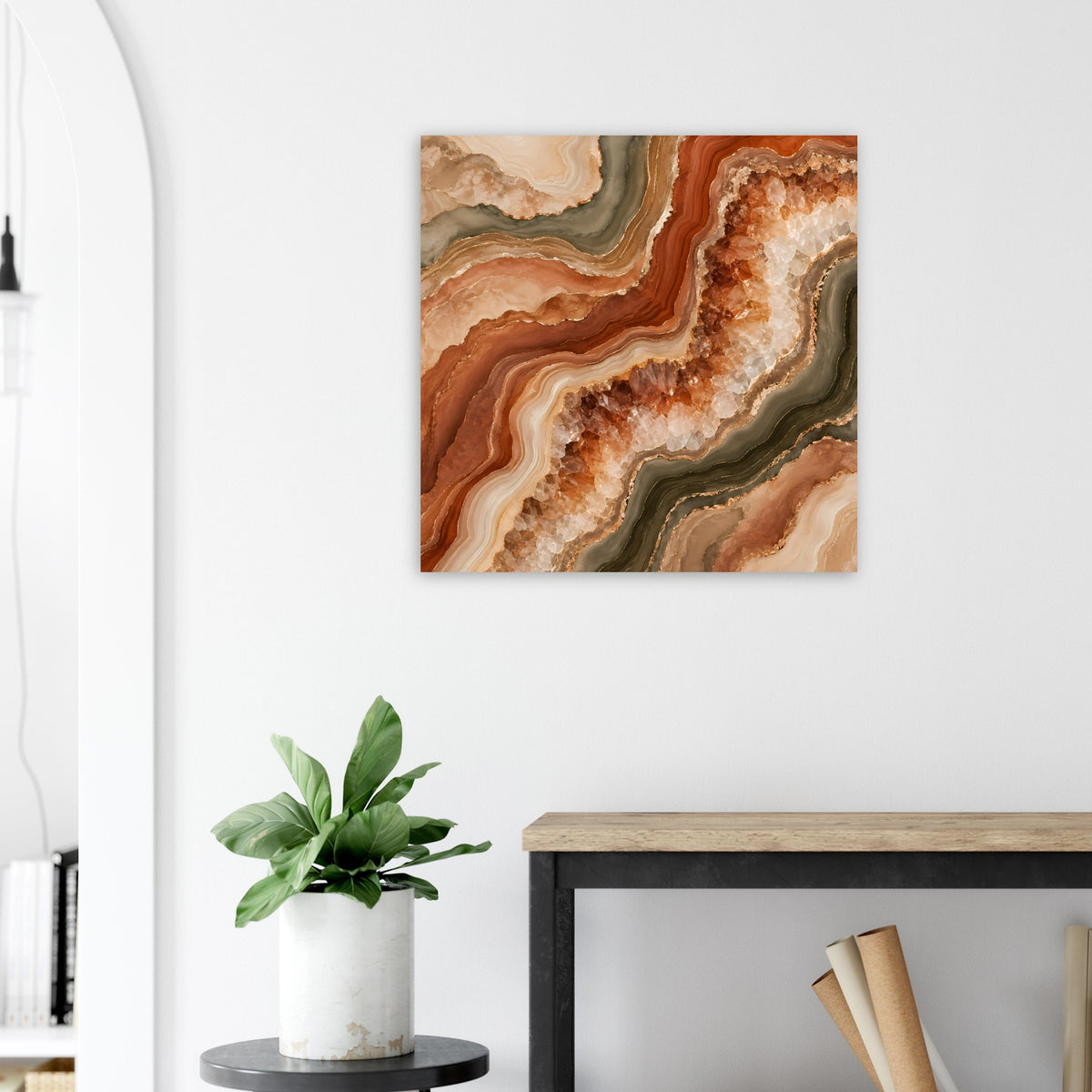 Gerahmtes Poster mit geodenartigem Muster in Braun, Beige und Goldtönen