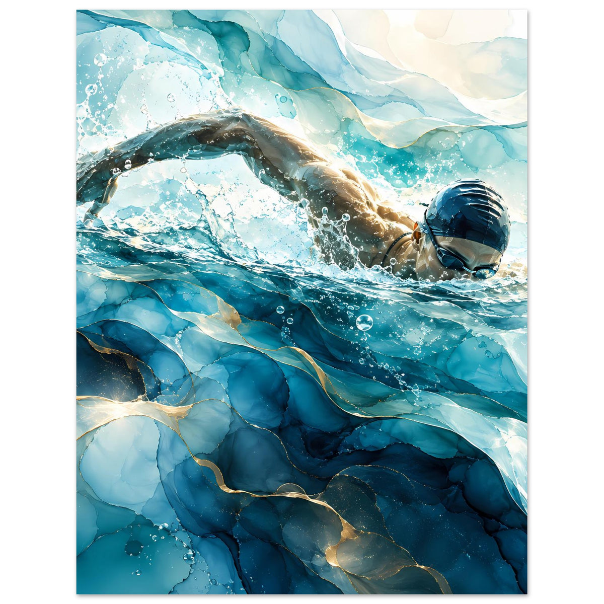 Stehendes Poster mit Schwimmer im Tauchgang, blaue Wasserwirbel, viele Spritzer und Blasen