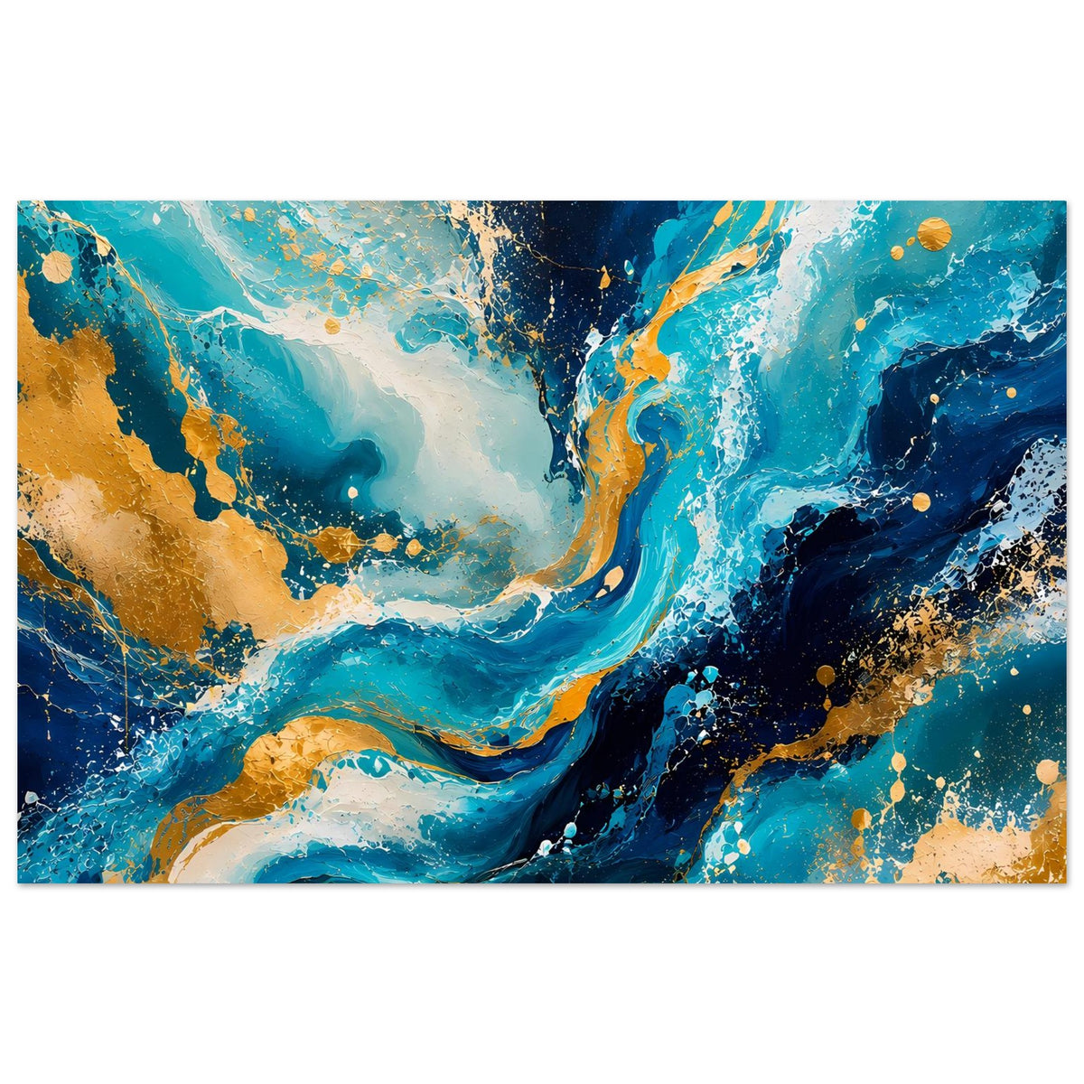 Horizontales Kunstposter mit Blau-Gold-Drift und goldenen Tupfern auf dunklen Bereichen