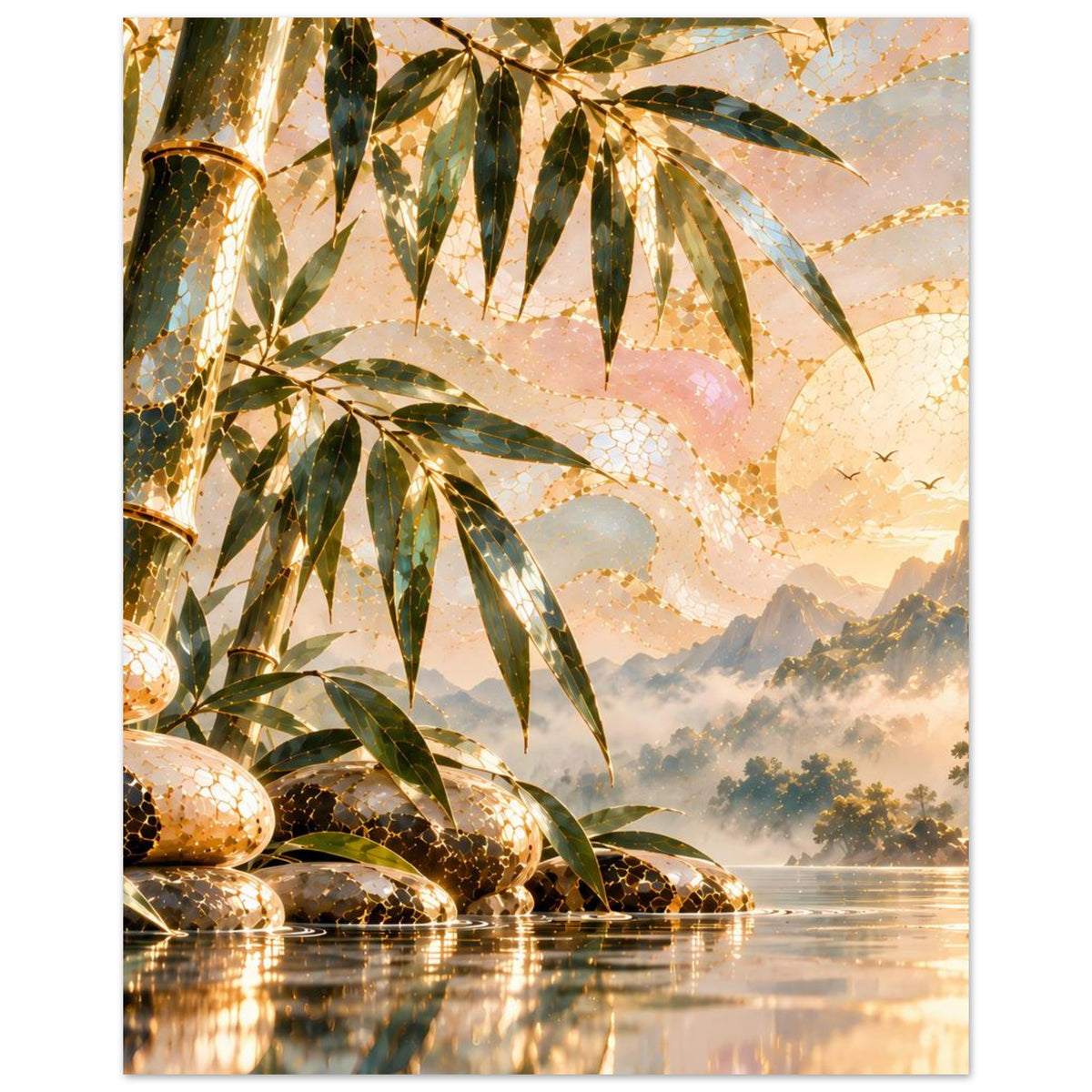 Zen-Poster mit Bambusblättern, glatten Steinen im Vordergrund, Wasserfläche und Bergkulisse