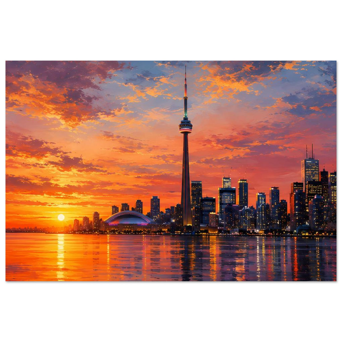 Poster im Querformat: Skyline mit Fernsehturm und Abendsonne, leuchtende Farbübergänge im Wasser