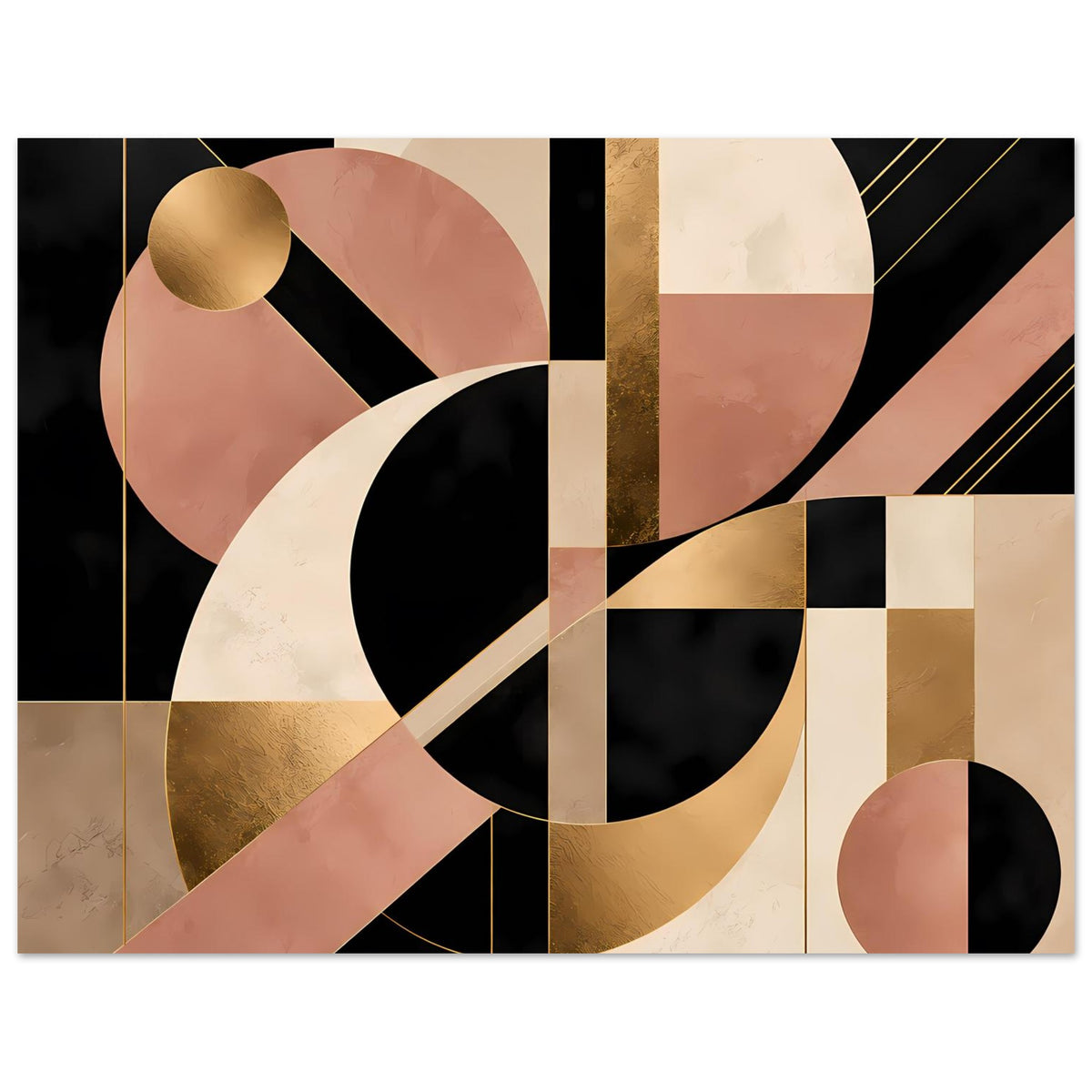 Abstraktes Poster mit Halbkreisen, Diagonalen und goldfarbenen Akzenten in Schwarz, Blush und Creme