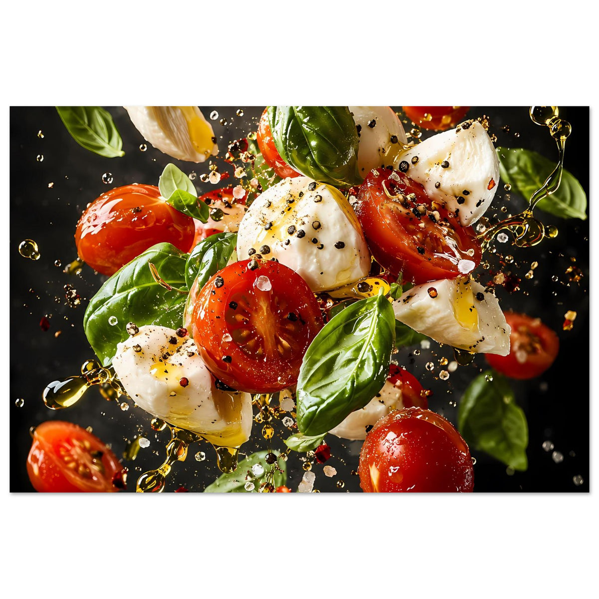 Kunstposter im Querformat mit Caprese-Motiv: Tomaten und Mozzarella mit Basilikumblättern