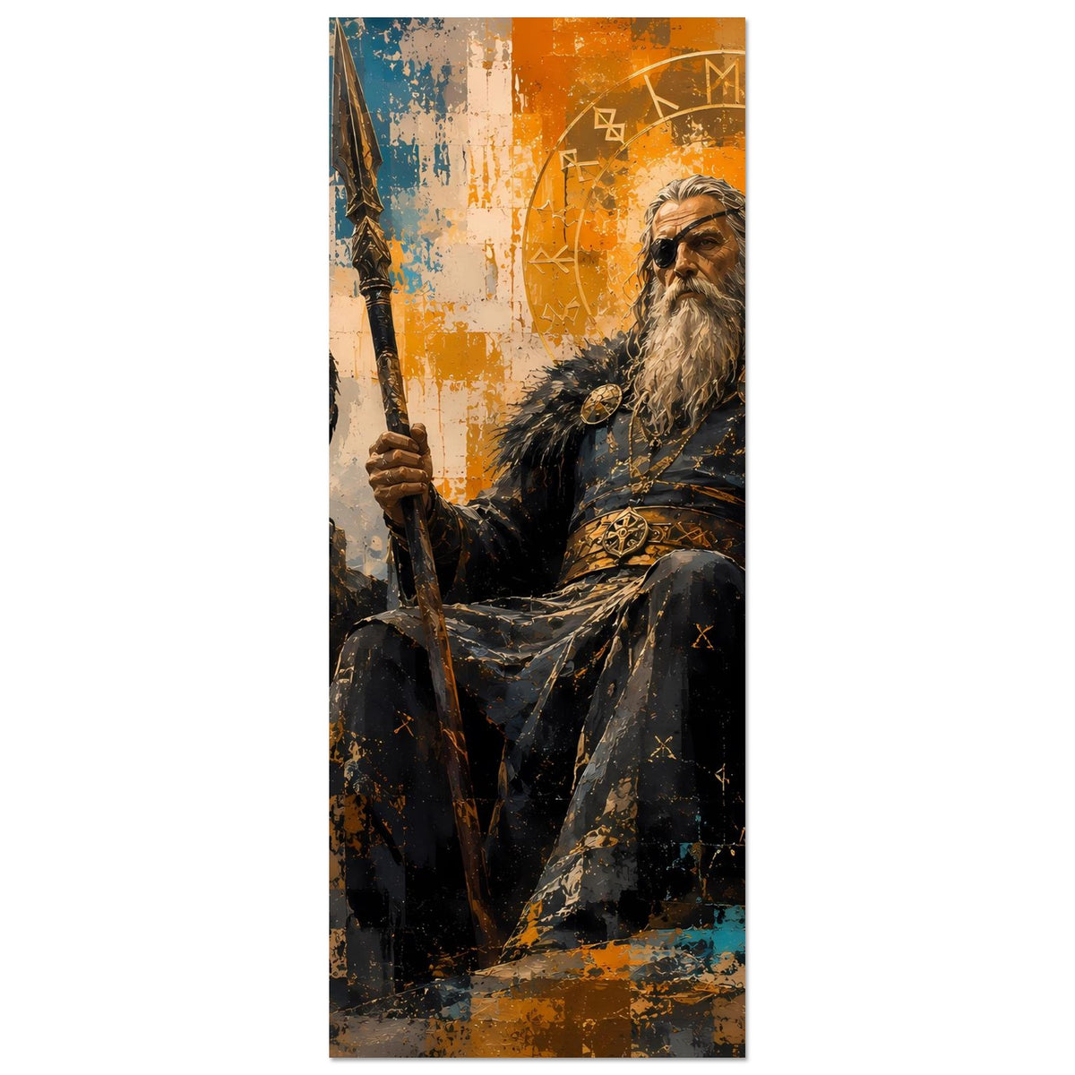 Vertikales Norse-Götterposter mit Odin, langem Bart, Speer und Rabe