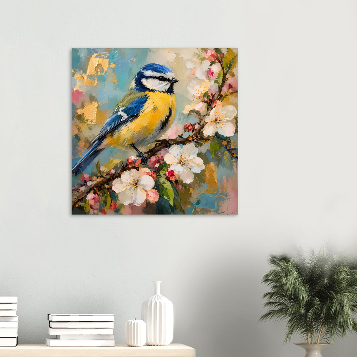 Vogelkunst-Poster (kleiner Druck): blau-gelber Vogel vor blühendem Zweig