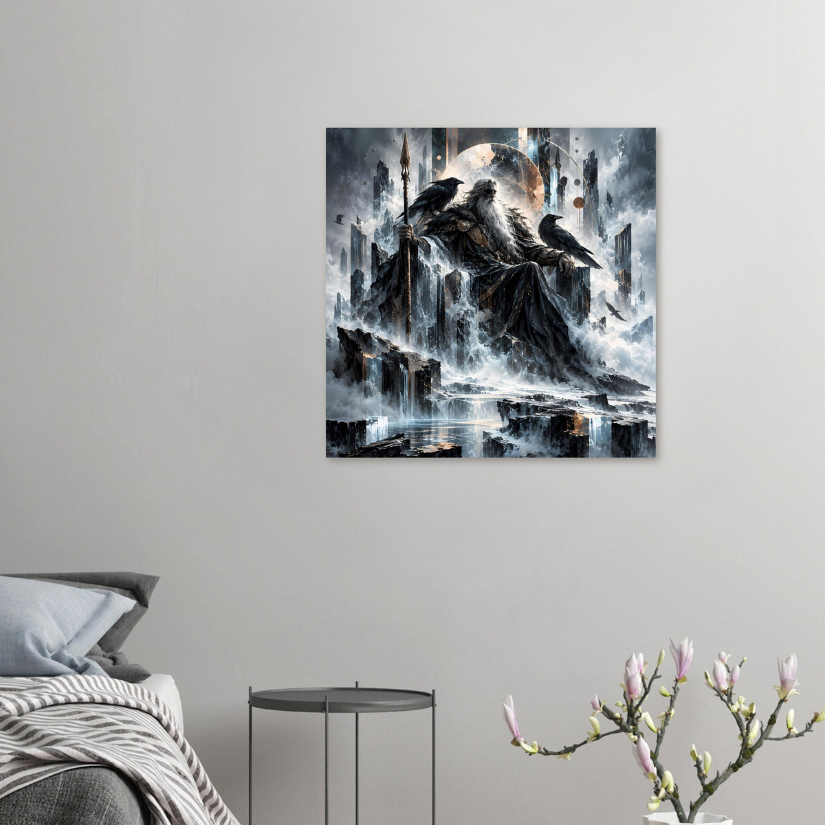 Mythologie-Poster mit nordischem Gott auf Thron und Raben, kleinformatig dargestellt